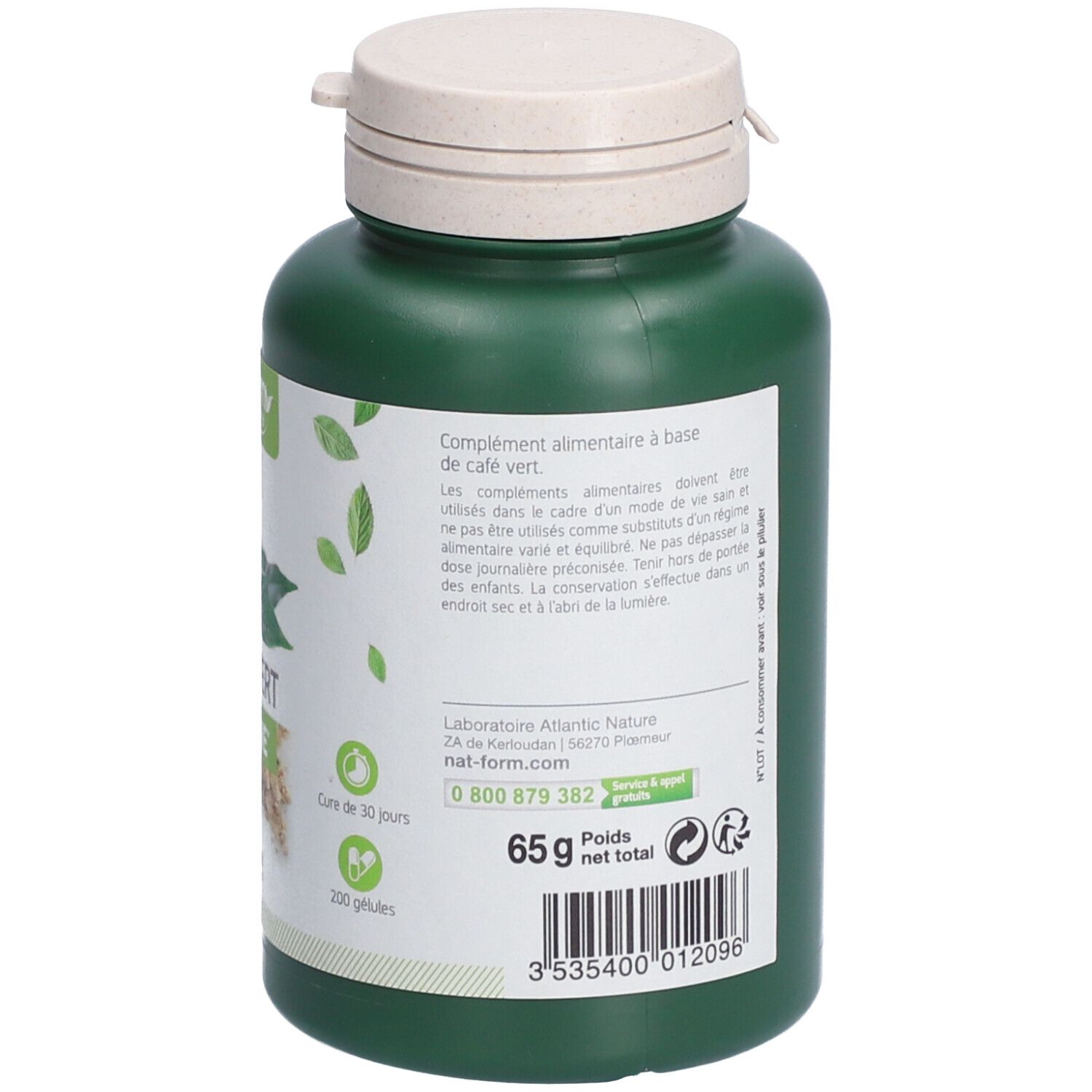 Dos d'un flacon vert avec bouchon blanc. Texte: 'Complément alimentaire à base de café vert'. Informations et contact.