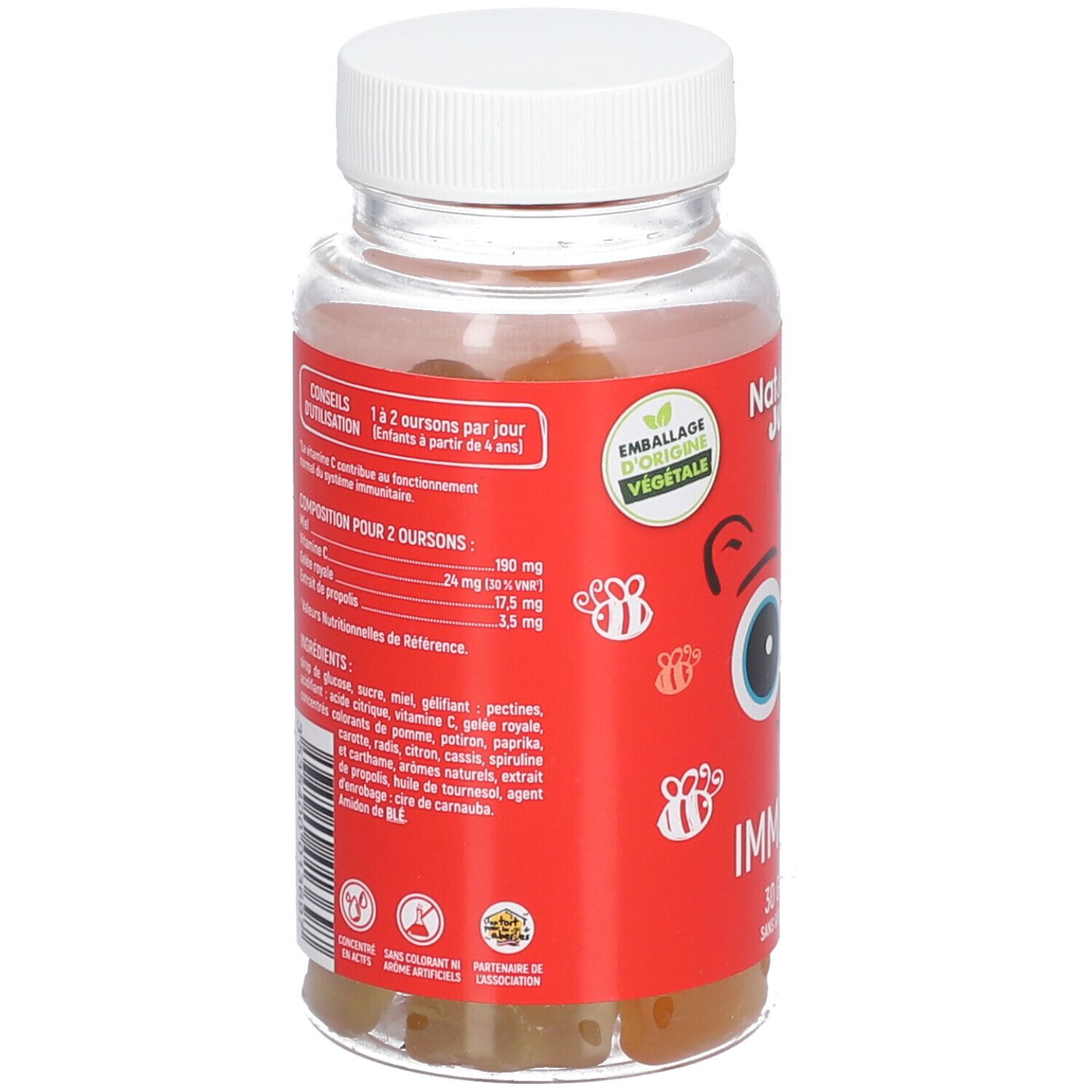Dos du flacon. Ingrédients et informations d'utilisation. Nat & Form Junior + Immunité. 30 gommes, sans gélatine animale.