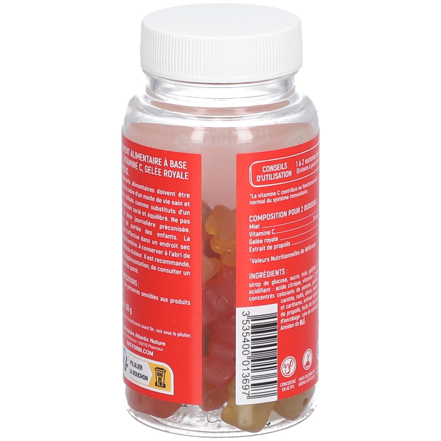 Dos du flacon. Ingrédients et informations d'utilisation. Nat & Form Junior + Immunité. 30 gommes, sans gélatine animale.