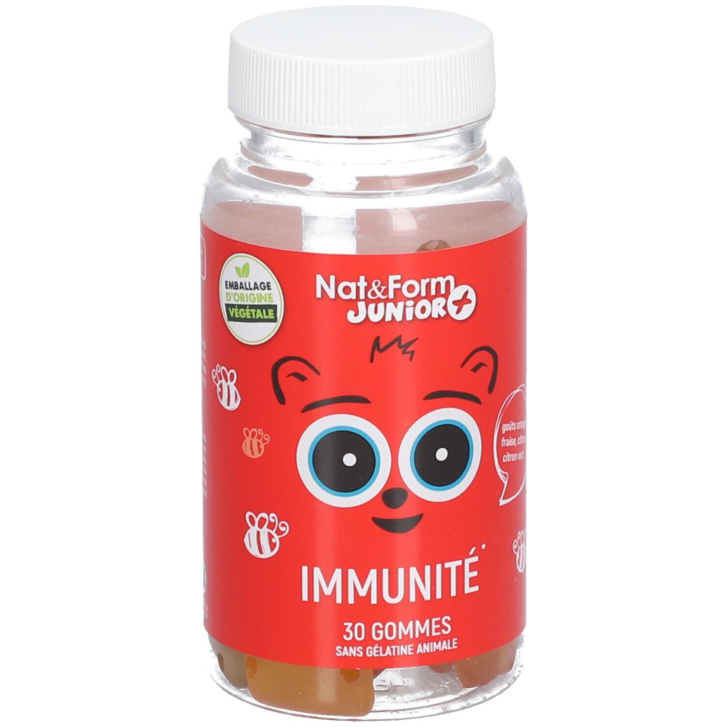Flacon rouge, bouchon blanc. Nat & Form Junior + Immunité. 30 gommes, sans gélatine animale. Goûts: orange, fraise, citron vert.