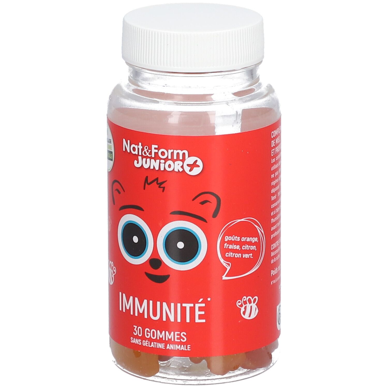 Flacon rouge, bouchon blanc. Nat & Form Junior + Immunité. 30 gommes, sans gélatine animale. Goûts: orange, fraise, citron vert.