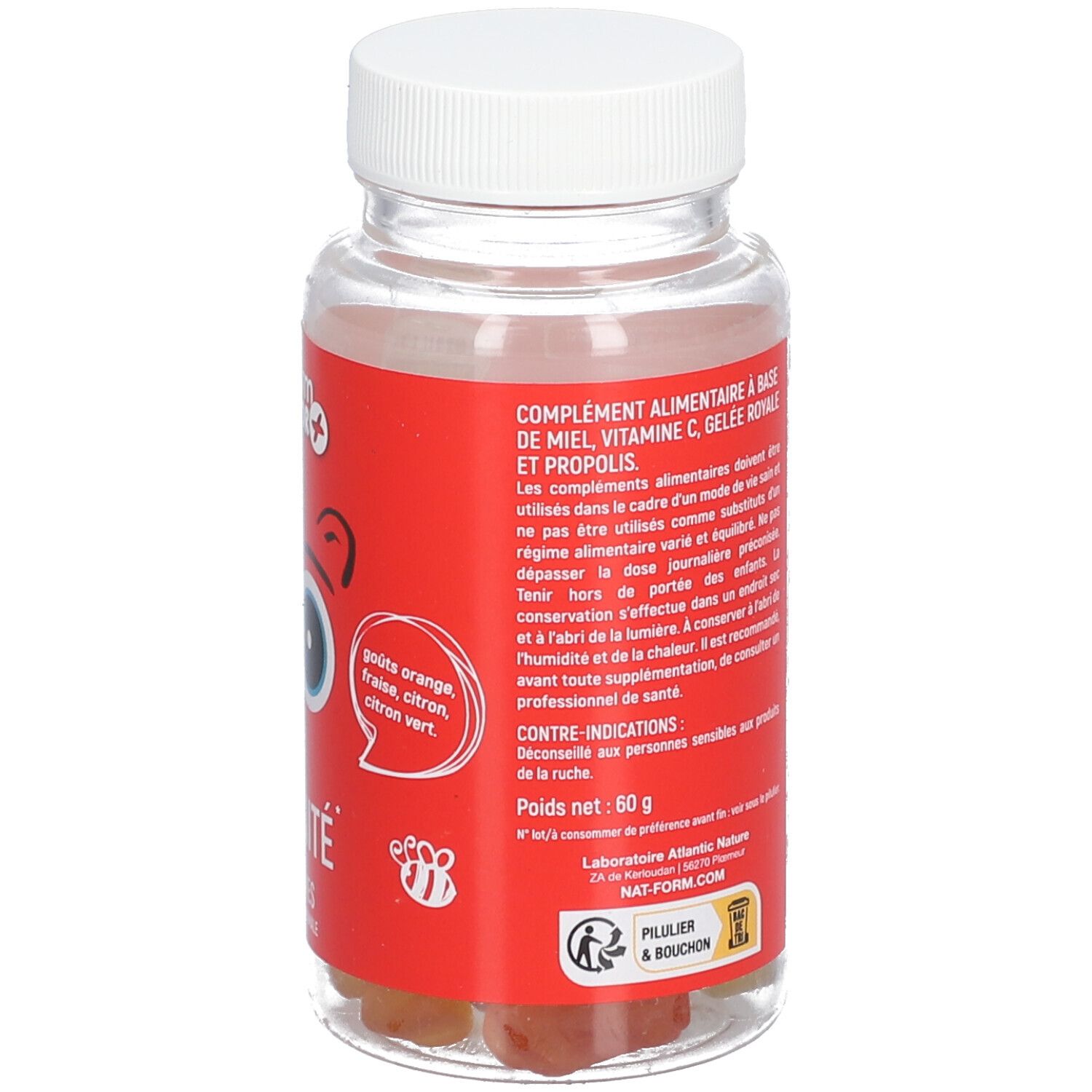 Dos du flacon. Ingrédients et informations d'utilisation. Nat & Form Junior + Immunité. 30 gommes, sans gélatine animale.