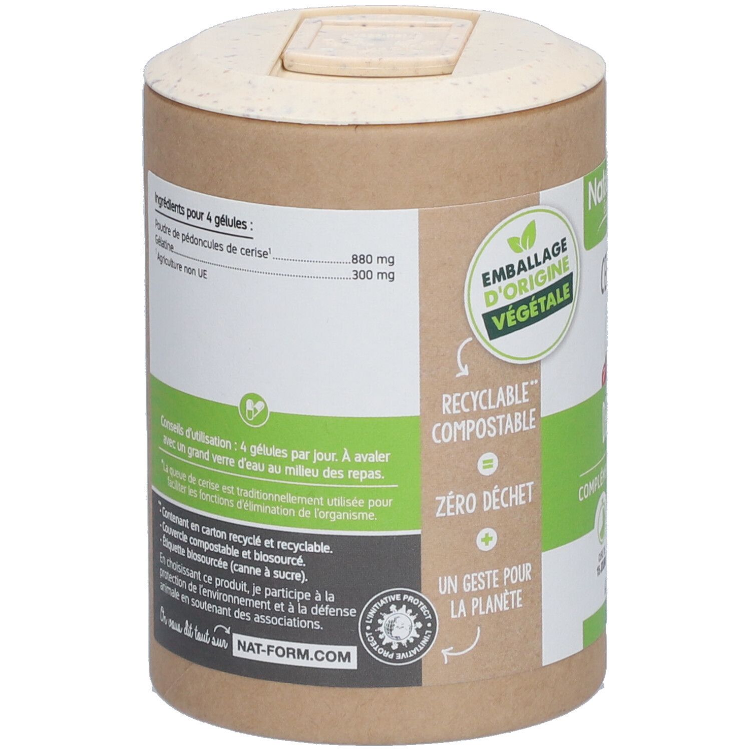 Dos de la boîte. Contient des informations sur les ingrédients et l'utilisation. Emballage végétal, recyclable.