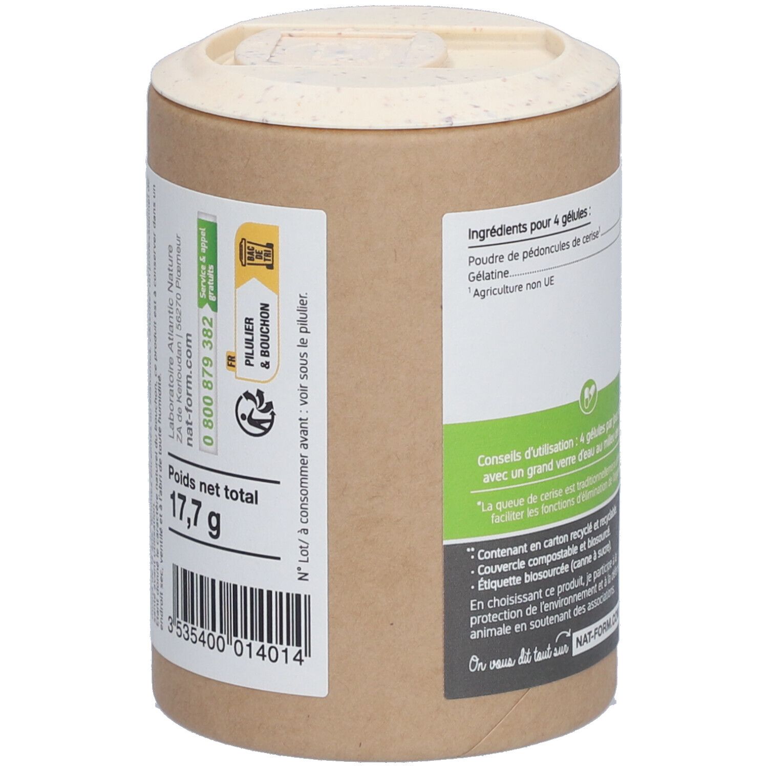 Boîte avec étiquette. Poids net 17,7 g. Informations sur les ingrédients et le fabricant. Emballage recyclable.
