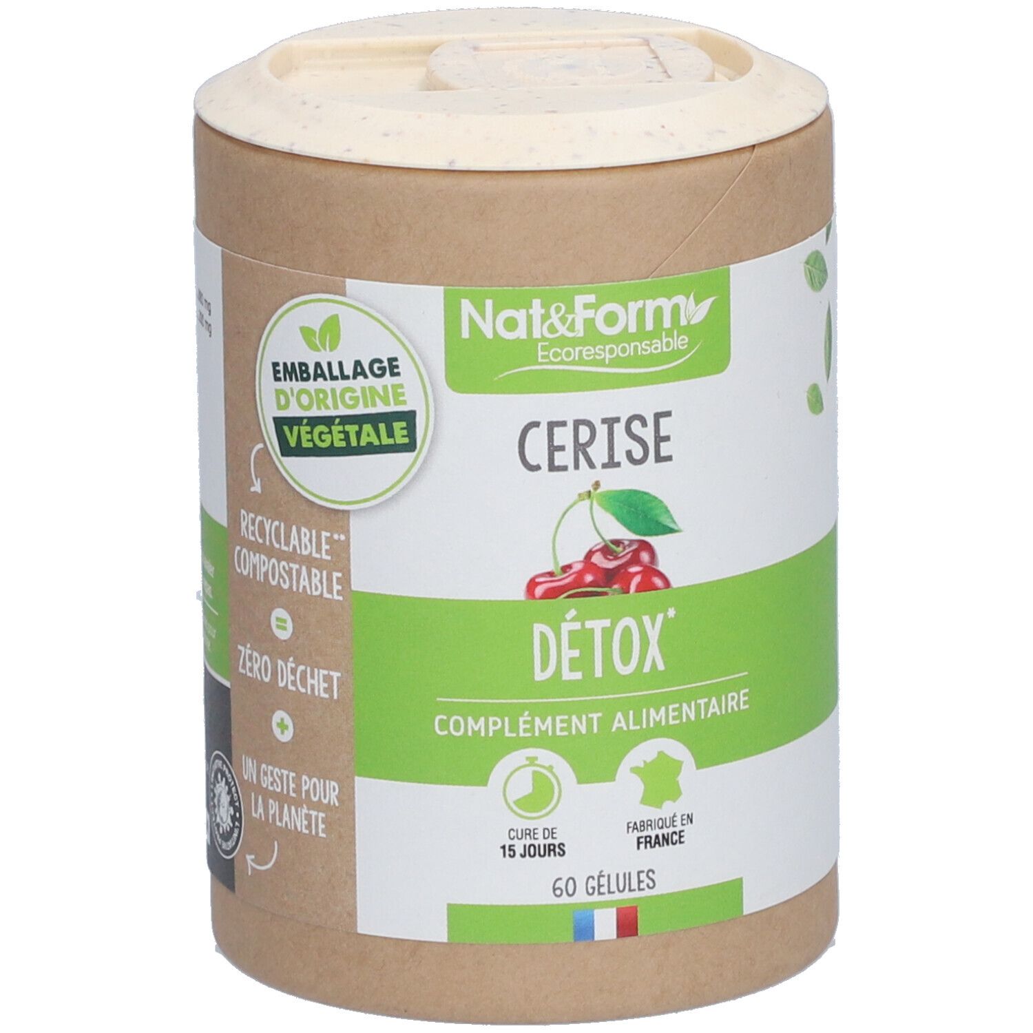 Boîte cylindrique "Nat&Form Cerise Détox". Contient 60 gélules. Emballage végétal, recyclable.