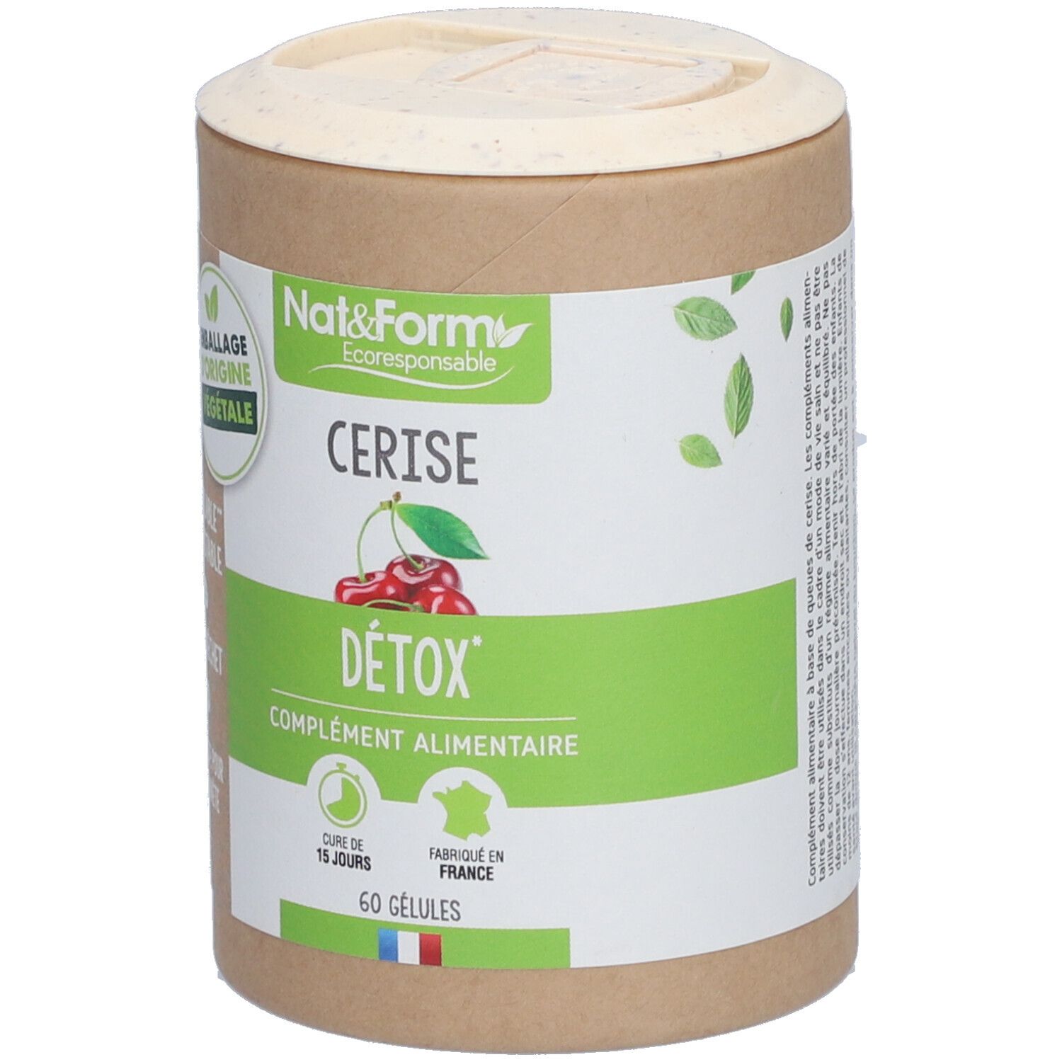 Boîte cylindrique "Nat&Form Cerise Détox". Contient 60 gélules. Emballage végétal, recyclable.