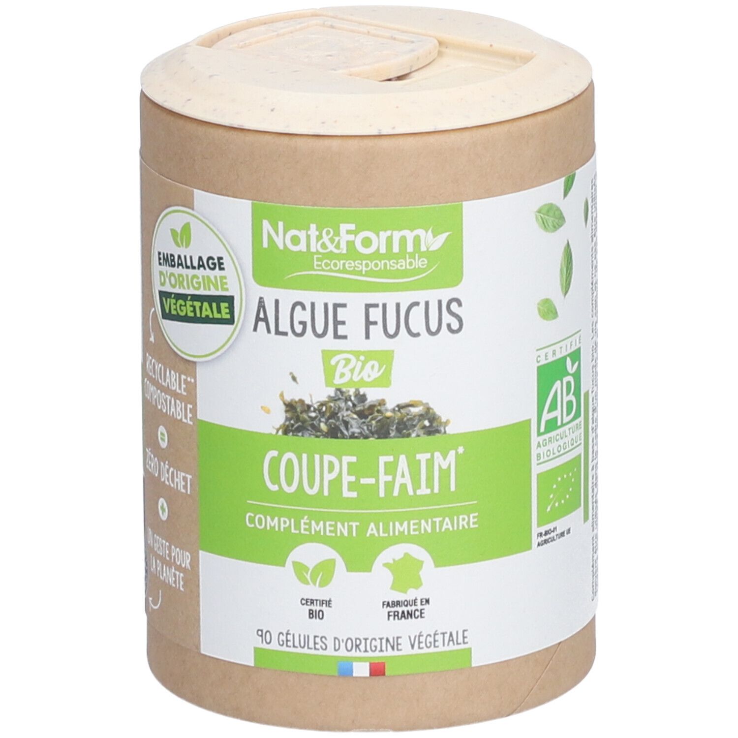 Boîte cylindrique avec couvercle. Inscription: Algue Fucus Bio, Coupe-Faim, complément alimentaire. Label AB.