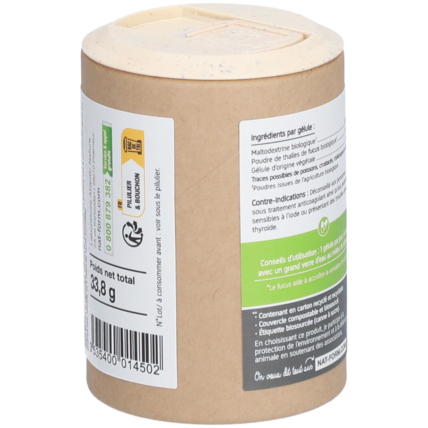 Boîte cylindrique. Inscriptions: ingrédients, poids net 33,8 g. Texte sur emballage recyclable. Code-barres.