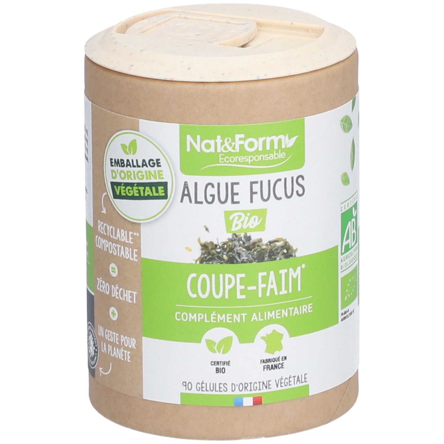 Boîte cylindrique avec couvercle. Inscription: Algue Fucus Bio, Coupe-Faim, complément alimentaire. Label AB.