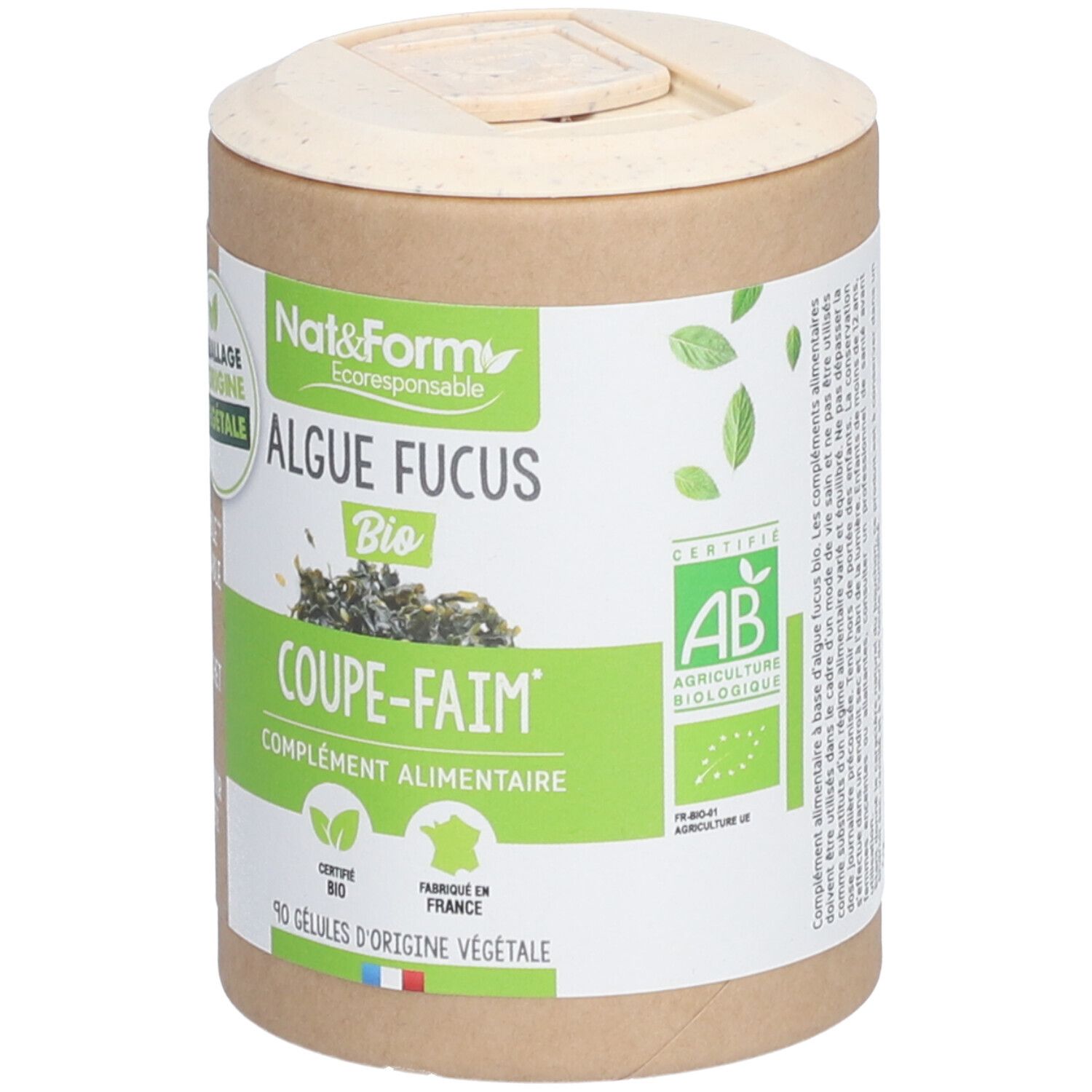 Boîte cylindrique avec couvercle. Inscription: Algue Fucus Bio, Coupe-Faim, complément alimentaire. Label AB.