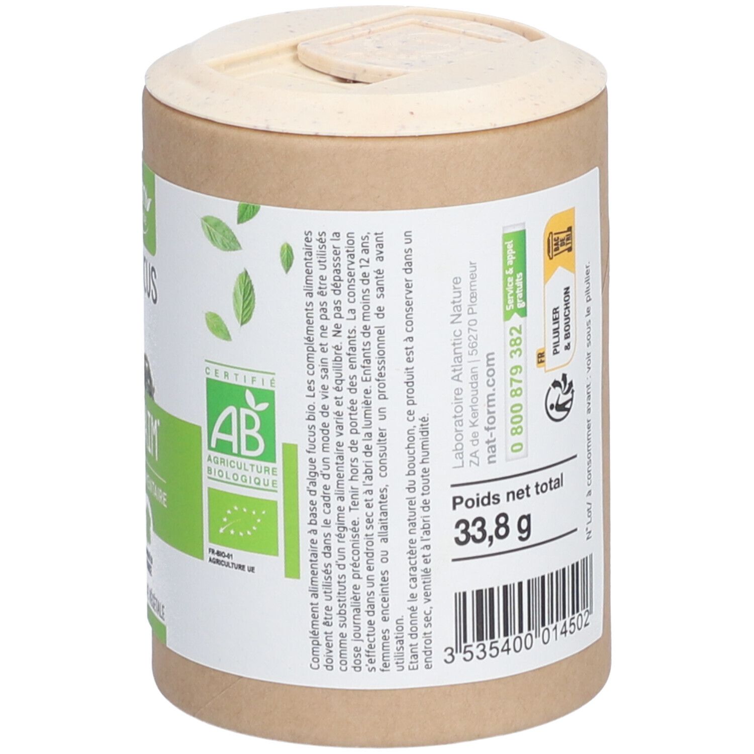 Boîte cylindrique. Inscriptions: Label AB, poids net 33,8 g. Texte sur le stockage. Coordonnées.