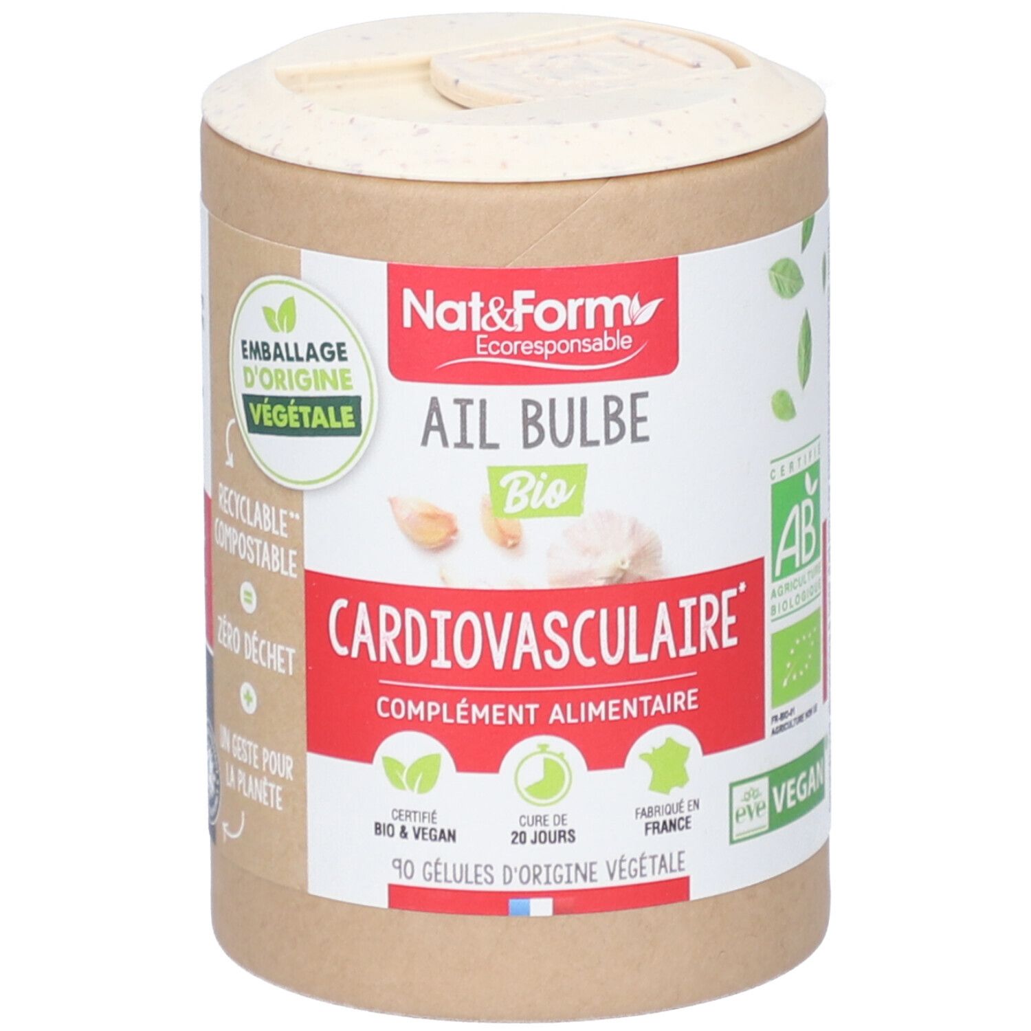 Boîte cylindrique avec couvercle. Inscription: Ail Bulbe Bio, Cardiovasculaire. Certifications: Bio, Vegan. 90 gélules.