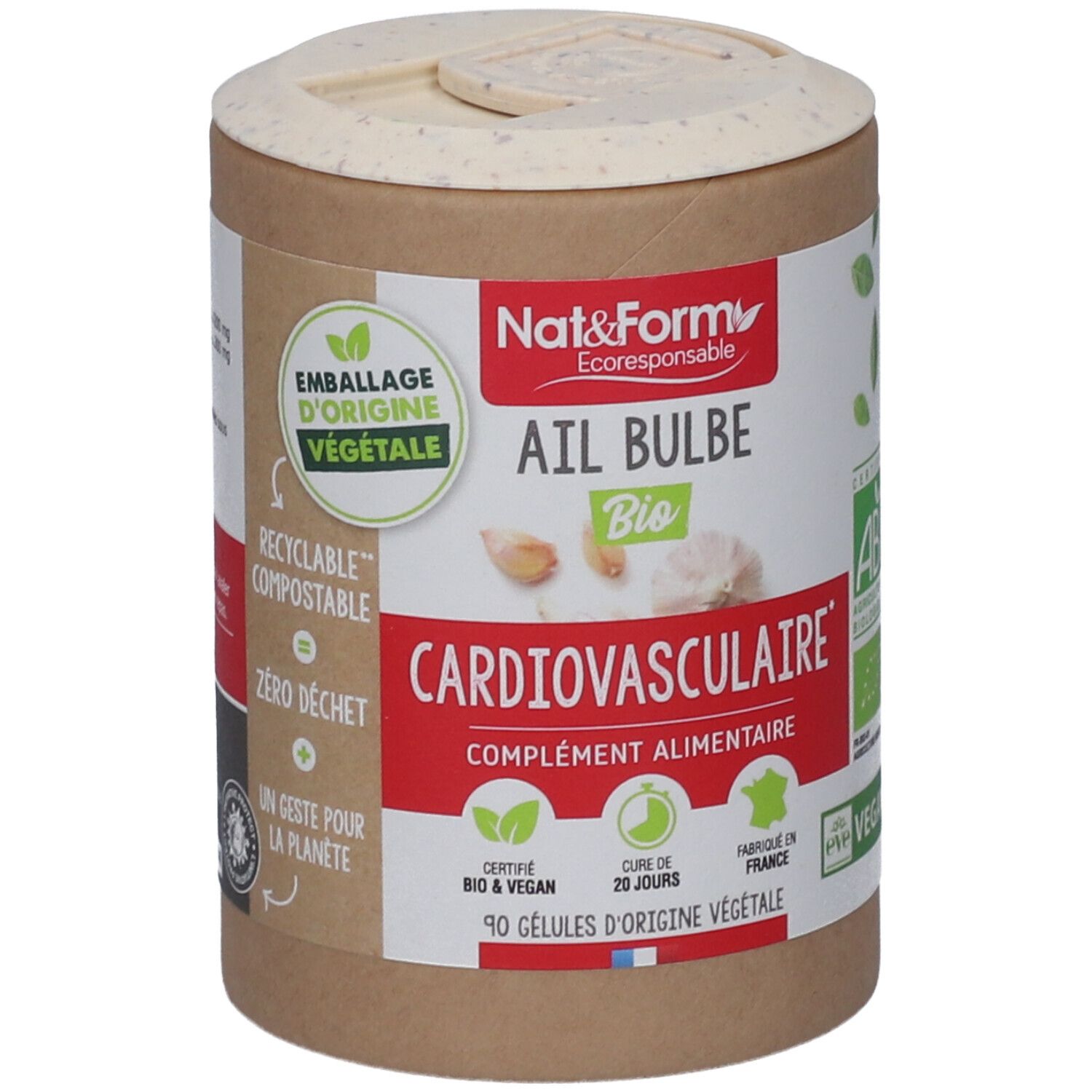 Boîte cylindrique avec couvercle. Inscription: Ail Bulbe Bio, Cardiovasculaire. Certifications: Bio, Vegan. 90 gélules.