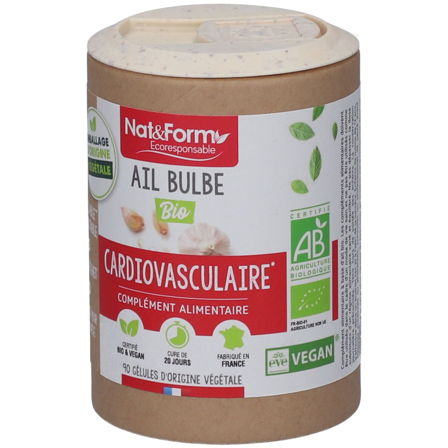Boîte cylindrique avec couvercle. Inscription: Ail Bulbe Bio, Cardiovasculaire. Certifications: Bio, Vegan. 90 gélules.