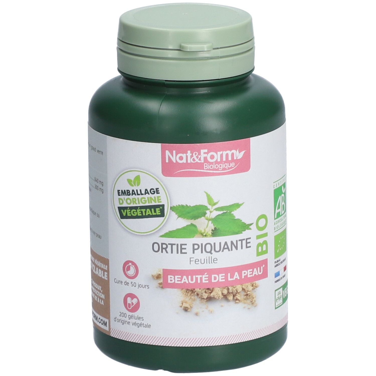 Grüne Flasche mit Kapseln. Etikett mit Produktnamen, Bio-Siegel und Pflanzenabbildung. "Beauté de la peau" (Hautschönheit).