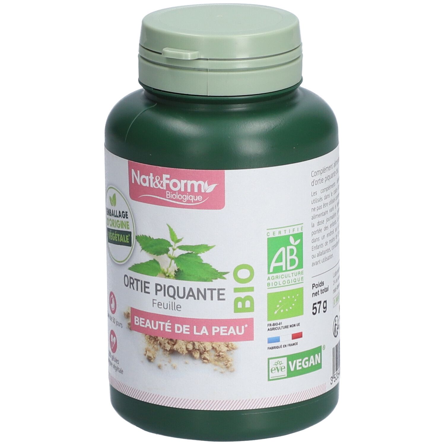 Grüne Flasche mit Kapseln. Etikett mit Produktnamen, Bio-Siegel, Pflanzenabbildung und Gewicht. "Beauté de la peau" (Hautschönheit).