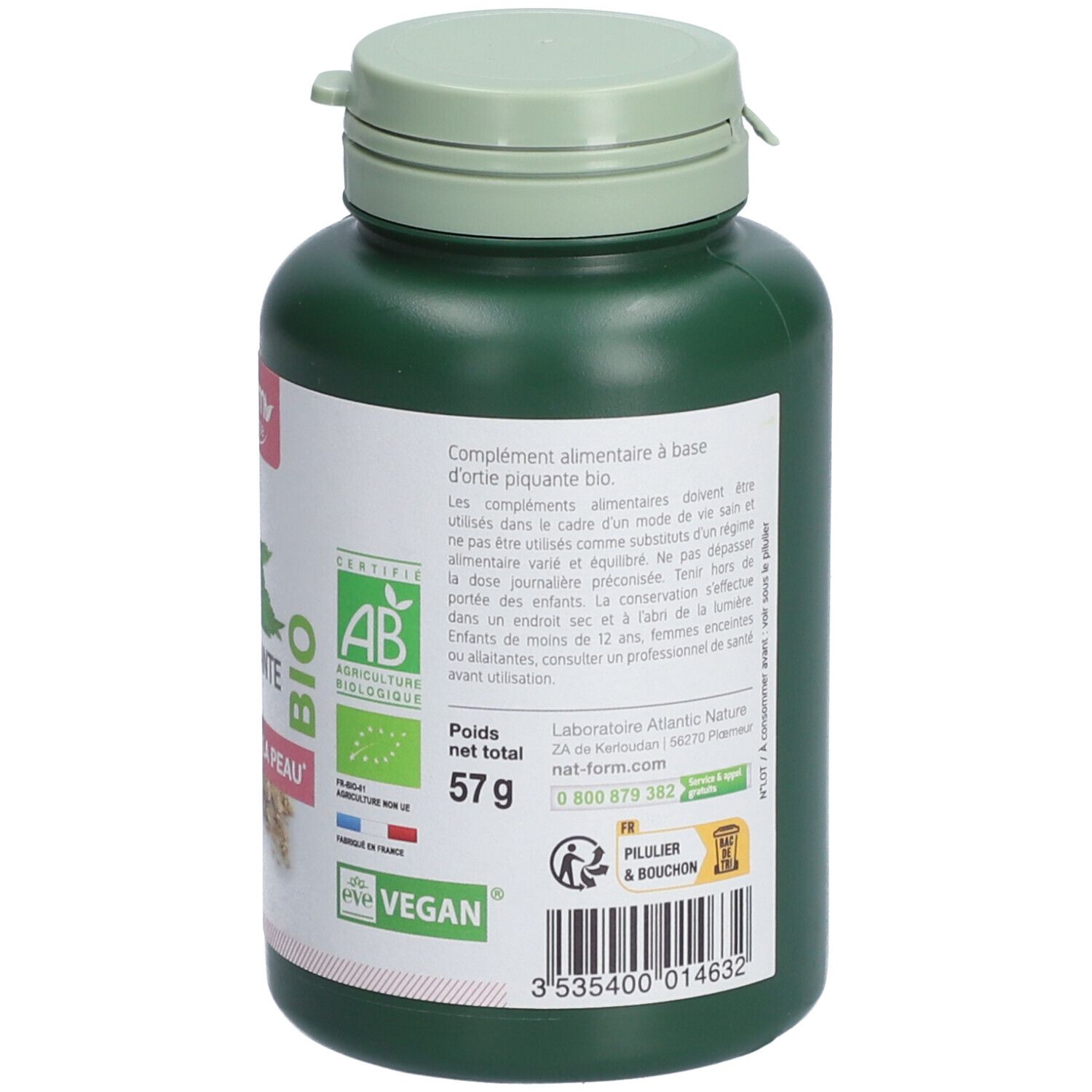 Rückseite der grünen Flasche. Etikett mit Informationen, Bio-Siegel, Gewicht und Kontaktinformationen. Text in Französisch.