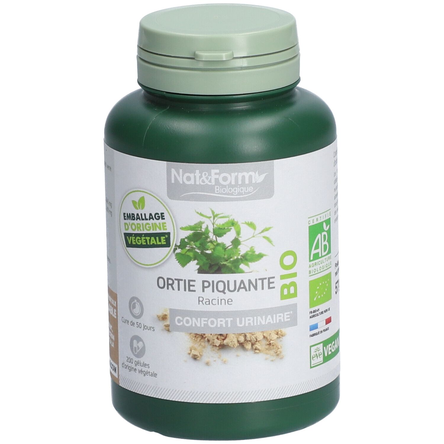 Flacon vert avec couvercle vert. Inscription: Nat&Form, Bio, Ortie piquante Racine, Confort urinaire. Label Vegan.