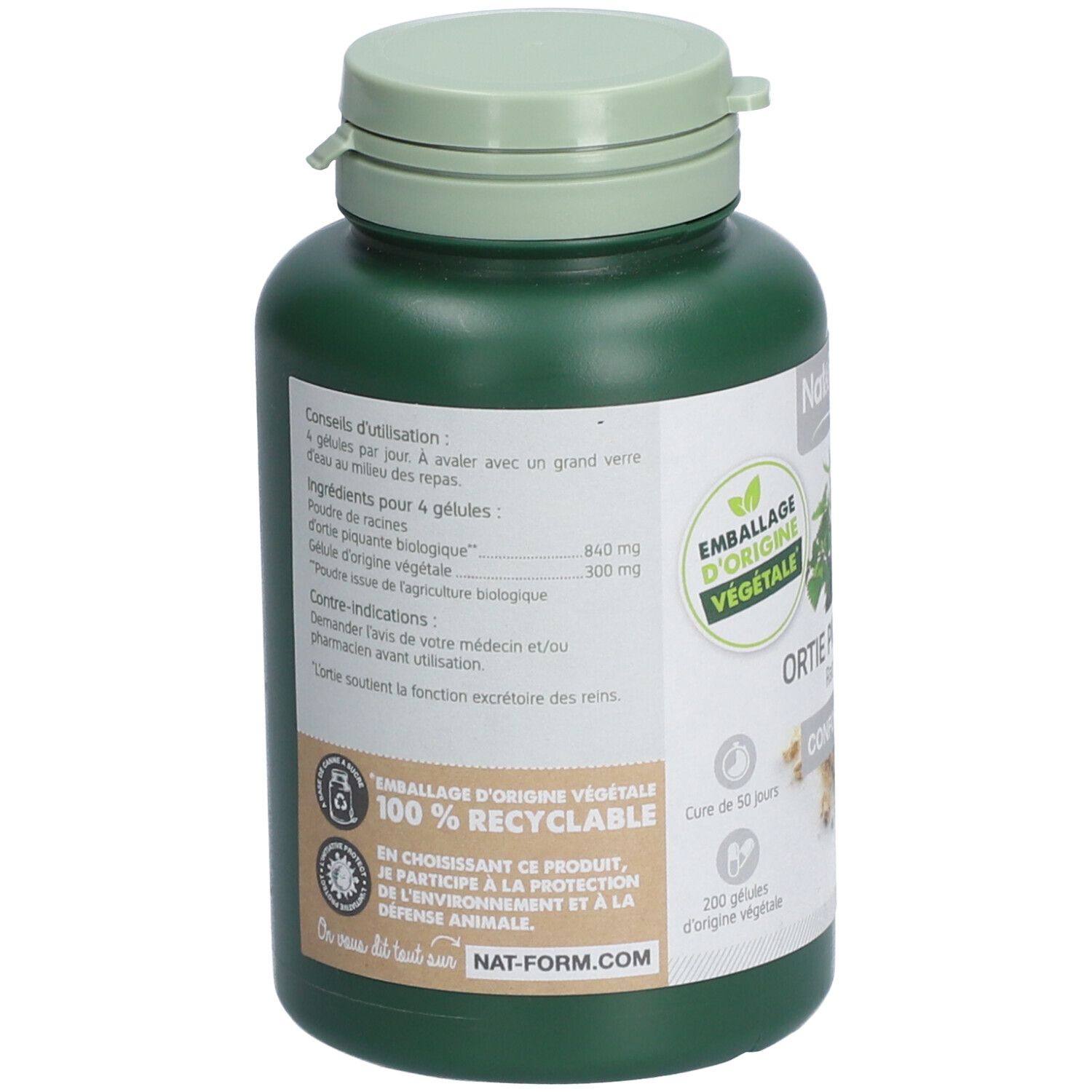 Dos d'un flacon vert. Texte: ingrédients, mode d'emploi, avertissements. Labels: 100% recyclable, vegan, Nat-Form.com.