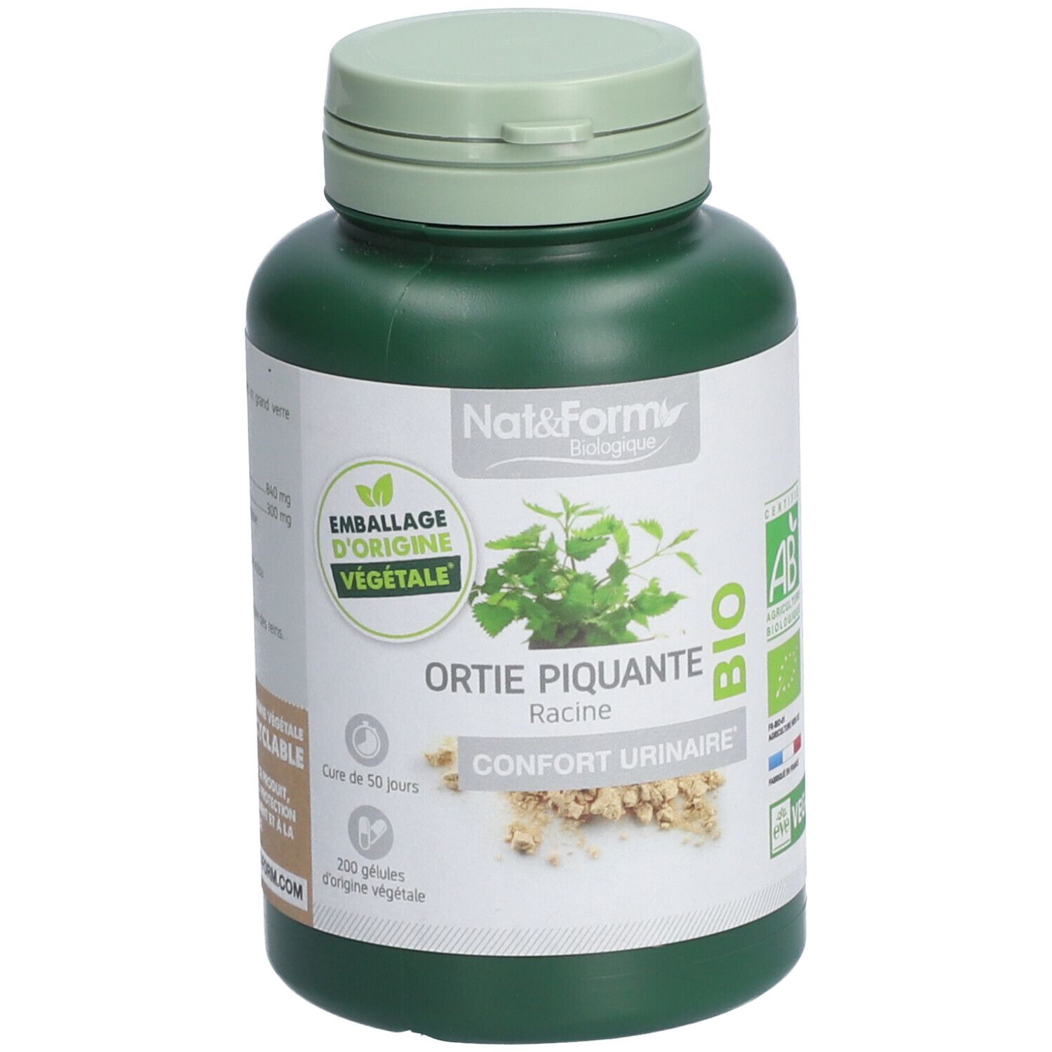 Flacon vert avec couvercle vert. Inscription: Nat&Form, Bio, Ortica piquante Racine, Confort urinaire. Labels: AB, Vegan.