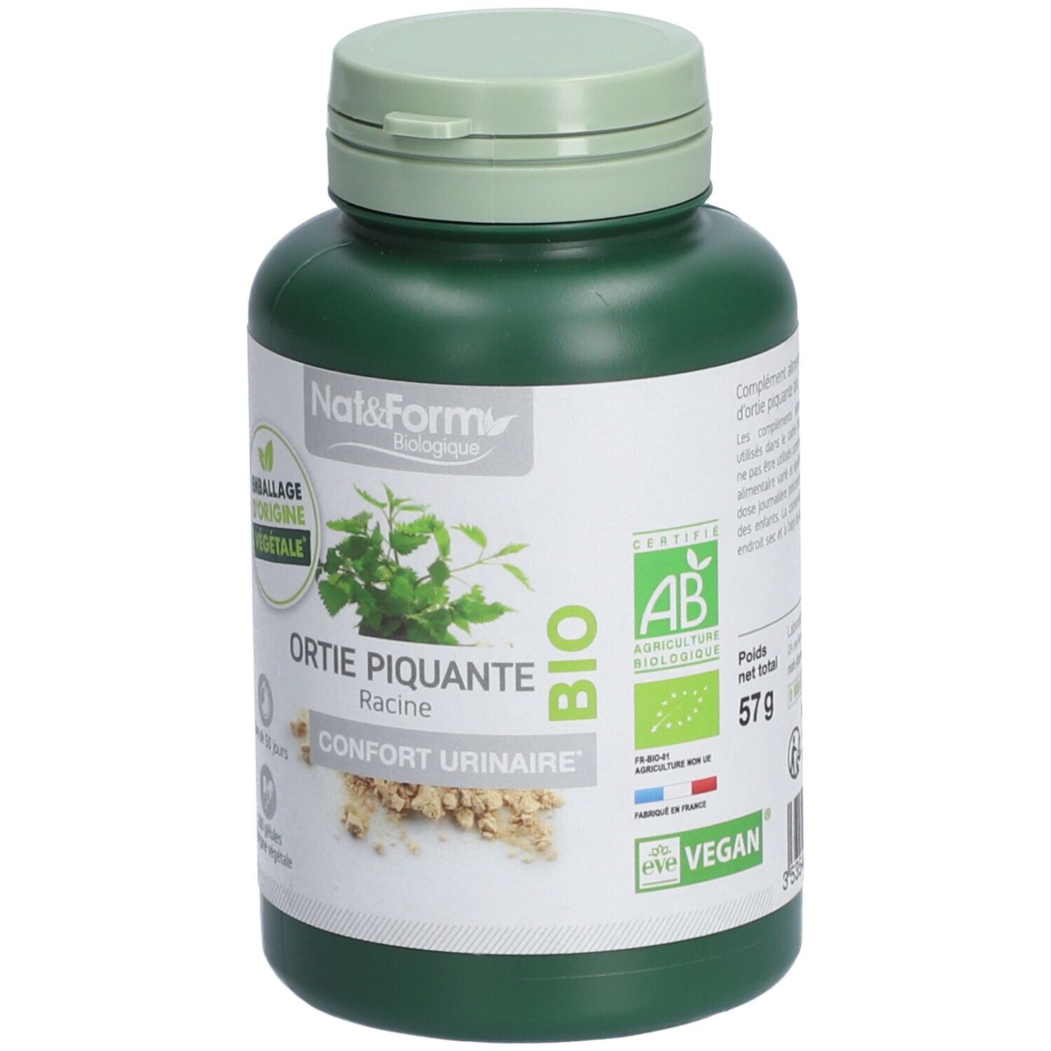 Flacon vert avec couvercle vert. Inscription: Nat&Form, Bio, Ortica piquante Racine, Confort urinaire. Labels: AB, Vegan, 57g.