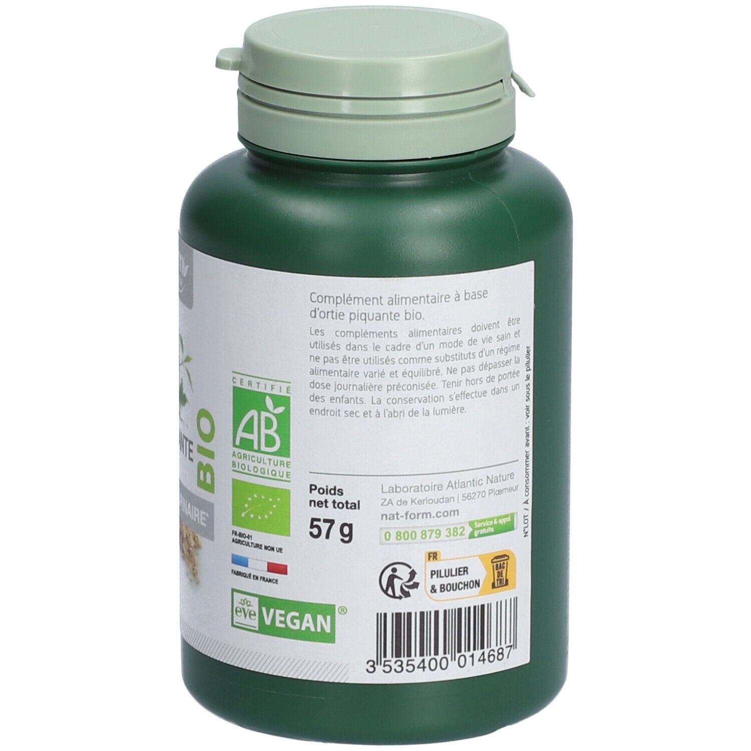 Dos d'un flacon vert. Texte: complément alimentaire, label AB, label Vegan, 57g. Coordonnées.
