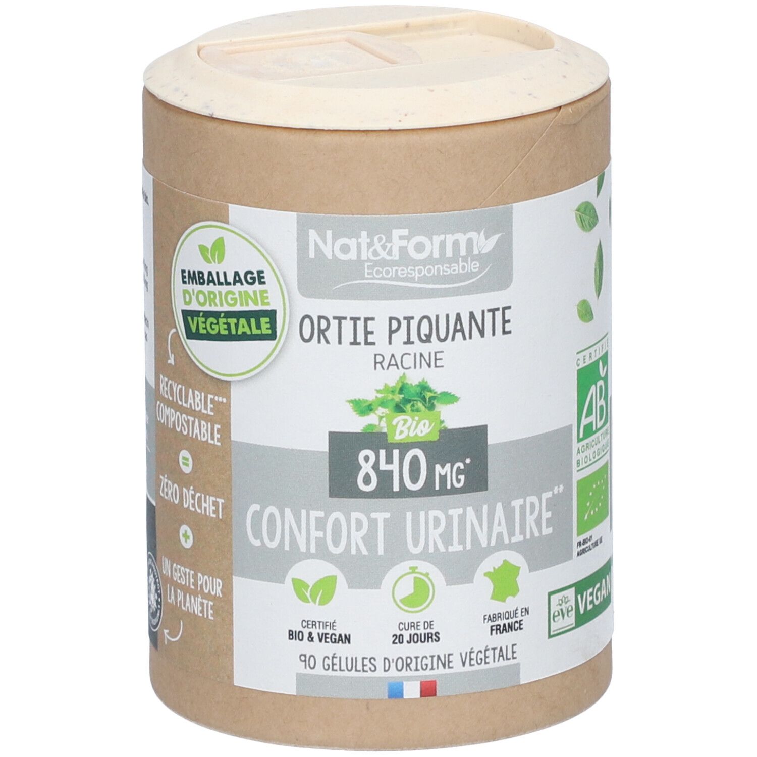 Zylindrische Dose mit Deckel. Aufschrift: Nat&Form, Ortie Piquante Racine, Bio 840 mg, Confort Urinaire. Vegan, 90 Kapseln.