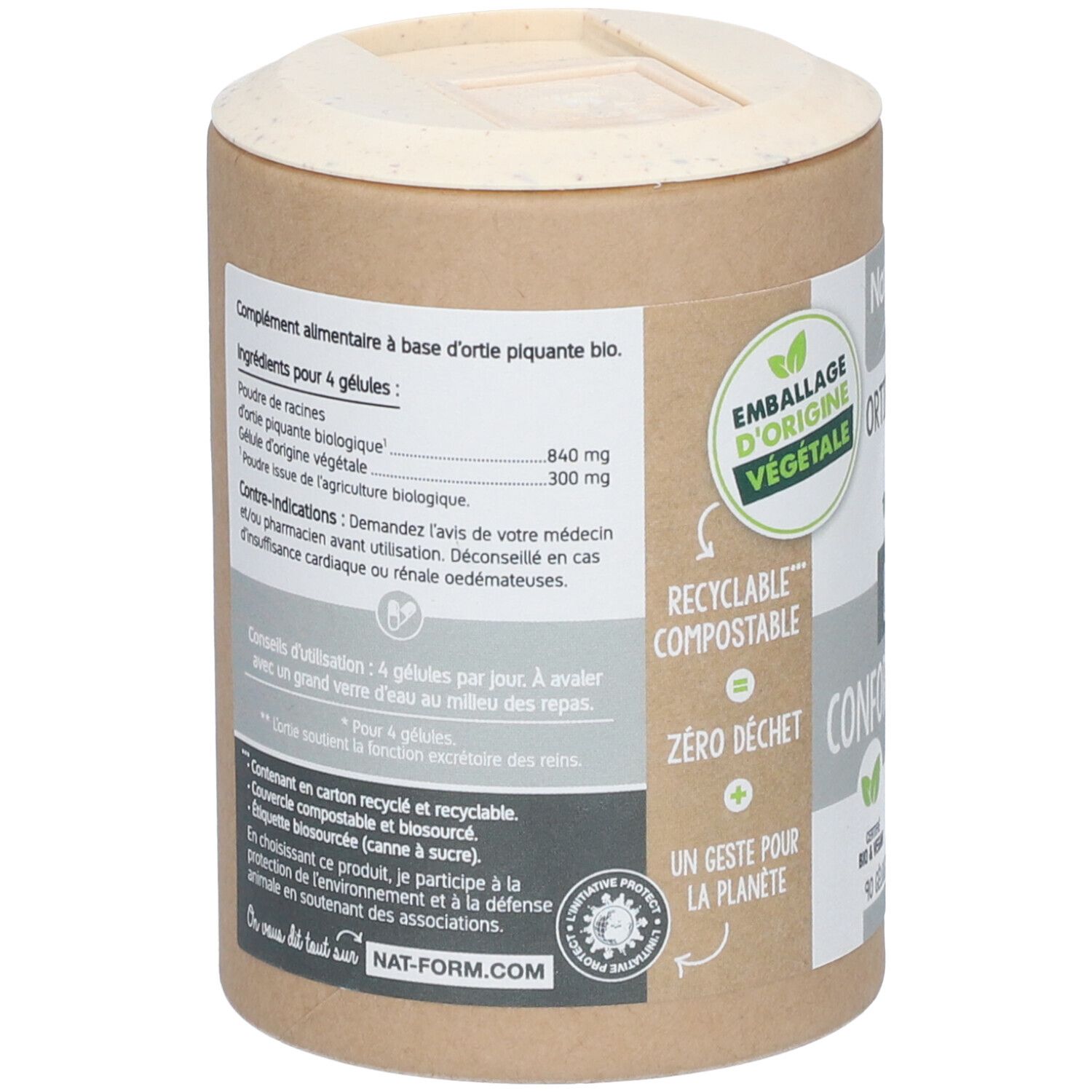 Rückseite der Dose. Text: Nahrungsergänzungsmittel auf Basis von Bio-Brennnessel. Inhaltsstoffe, Anwendungshinweise, Warnhinweise. Recycelbar, kompostierbar.