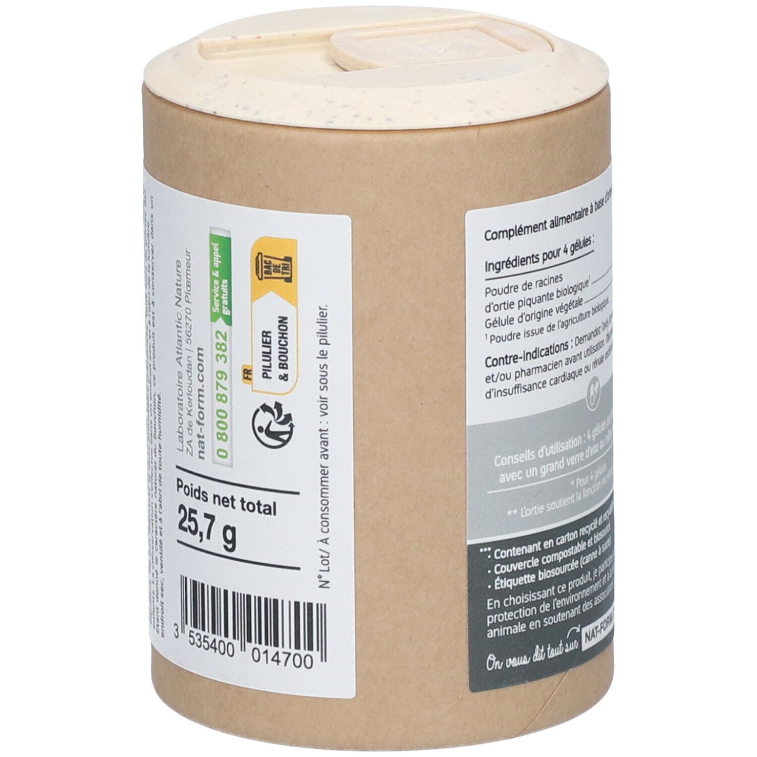 Seite der Dose. Text: Nettogewicht 25,7 g. Informationen zu Inhaltsstoffen. Telefonnummer. Barcode. Logo: Pilulier & Bouchon.