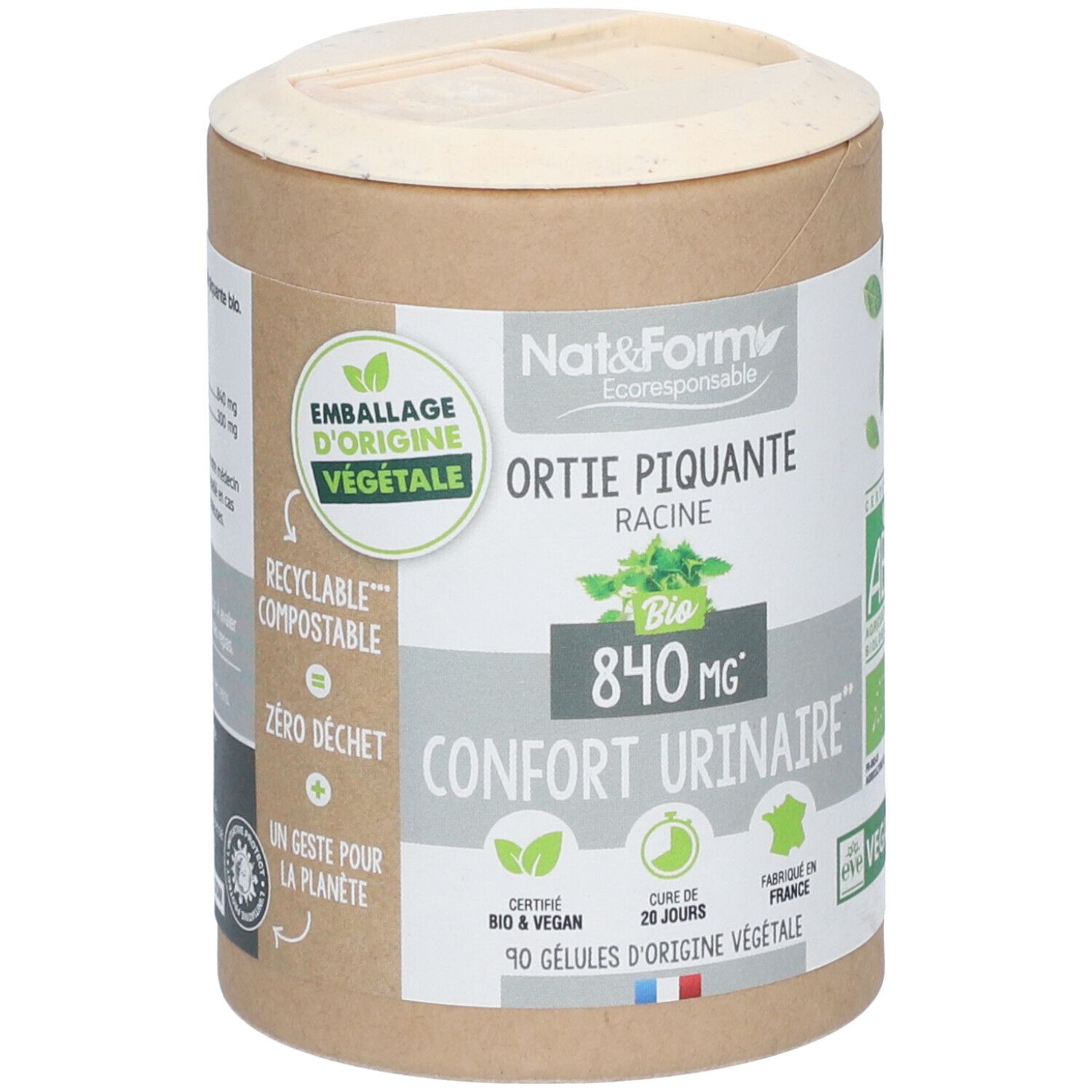 Zylindrische Dose mit Deckel. Aufschrift: Nat&Form, Ortie Piquante Racine, Bio 840 mg, Confort Urinaire. Vegan, 90 Kapseln.