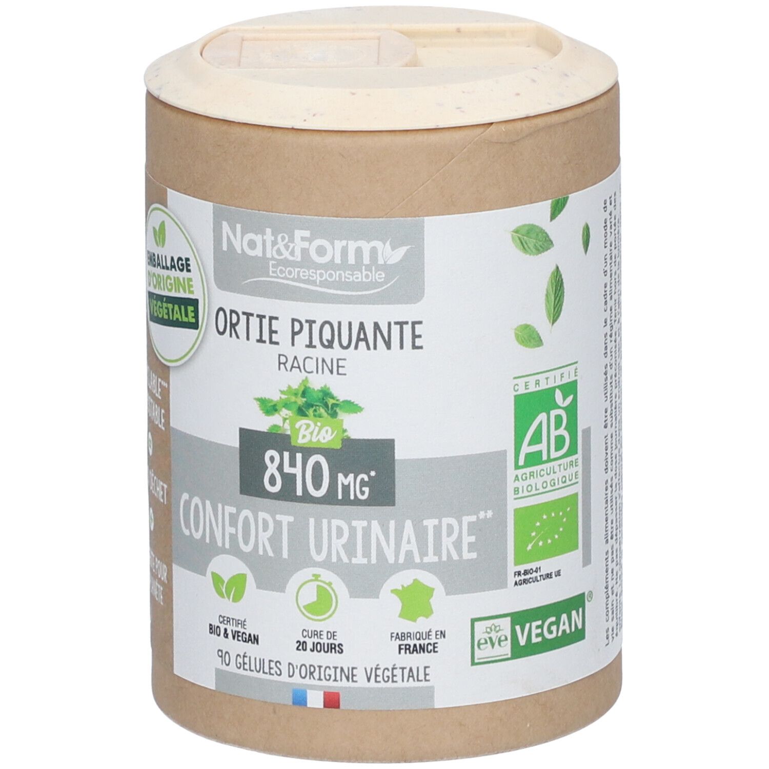 Zylindrische Dose mit Deckel. Aufschrift: Nat&Form, Ortie Piquante Racine, Bio 840 mg, Confort Urinaire. Vegan, 90 Kapseln. AB-Zertifizierung.