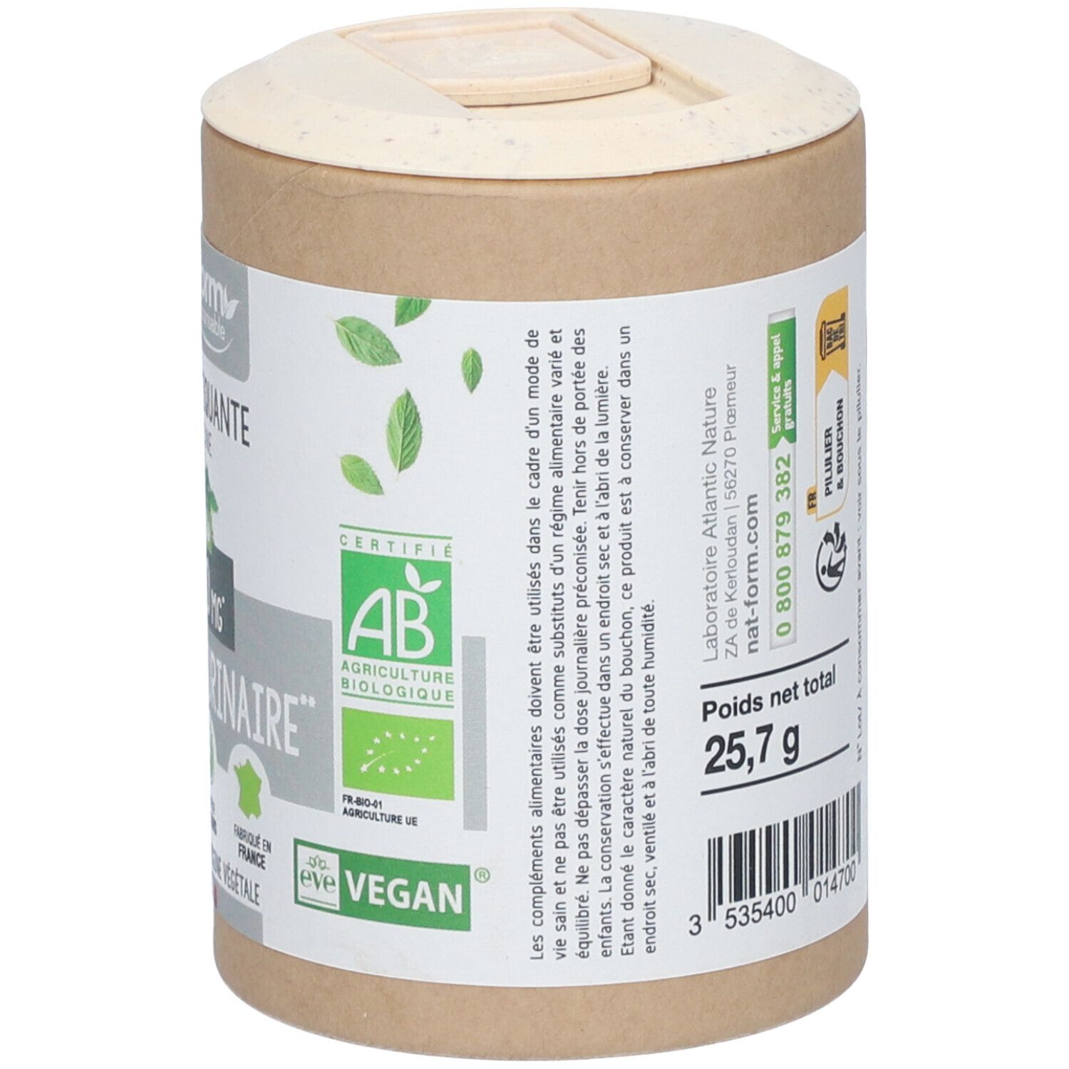 Rückseite der Dose. Text: Nahrungsergänzungsmittel. AB-Zertifizierung. Vegan. Informationen zur Aufbewahrung. Nettogewicht 25,7 g. Barcode.