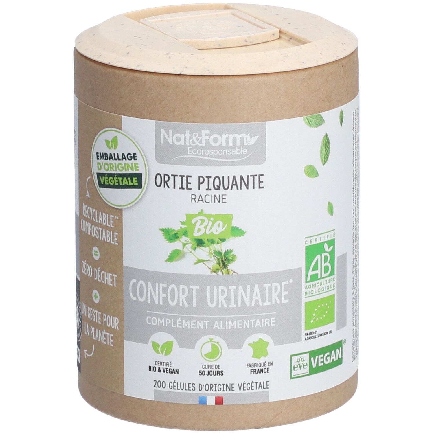 Boîte cylindrique avec couvercle. Inscription: Nat&Form, Ortis Piquante Racine, Bio, Confort Urinaire. Certifications: AB, Vegan.