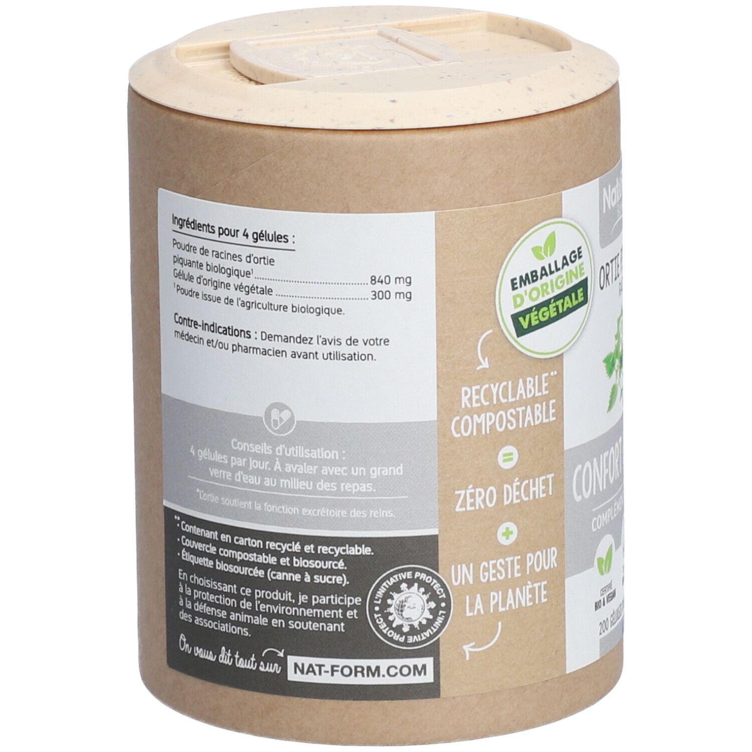 Dos de la boîte. Liste des ingrédients, mode d'emploi, avertissements. Inscription: Nat-Form. Certifications: Recyclable, compostable.