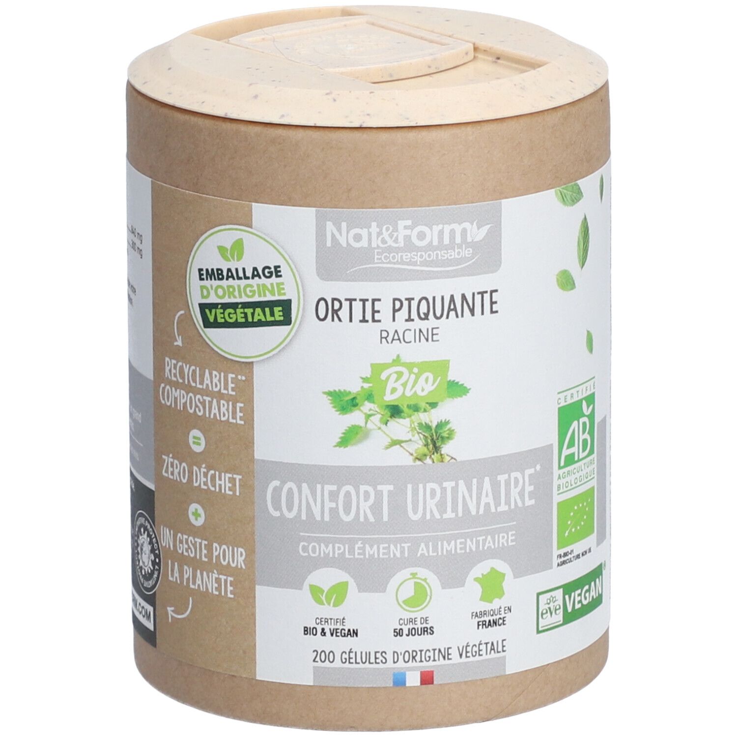 Boîte cylindrique avec couvercle. Inscription: Nat&Form, Ortis Piquante Racine, Bio, Confort Urinaire. Certifications: AB, Vegan.