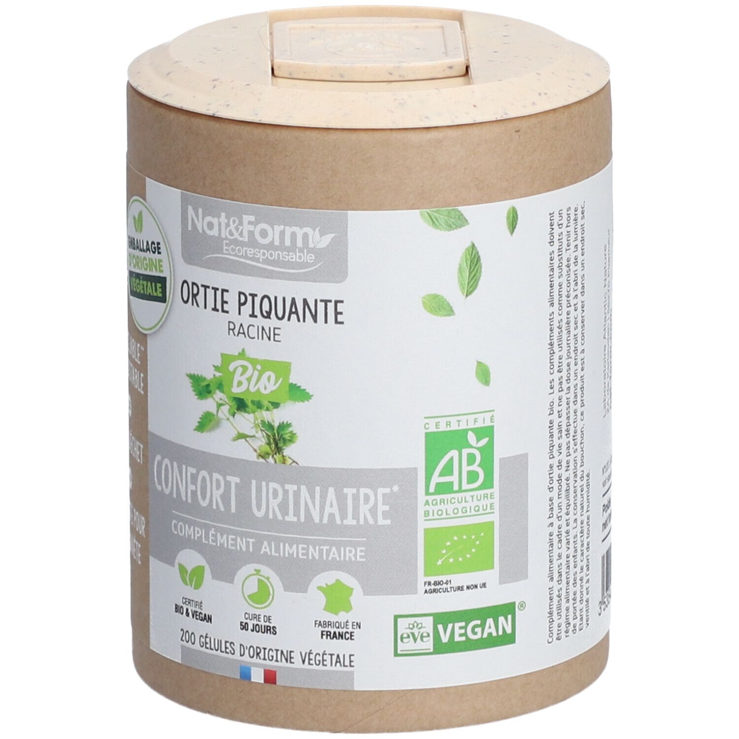 Boîte cylindrique avec couvercle. Inscription: Nat&Form, Ortis Piquante Racine, Bio, Confort Urinaire. Certifications: AB, Vegan.