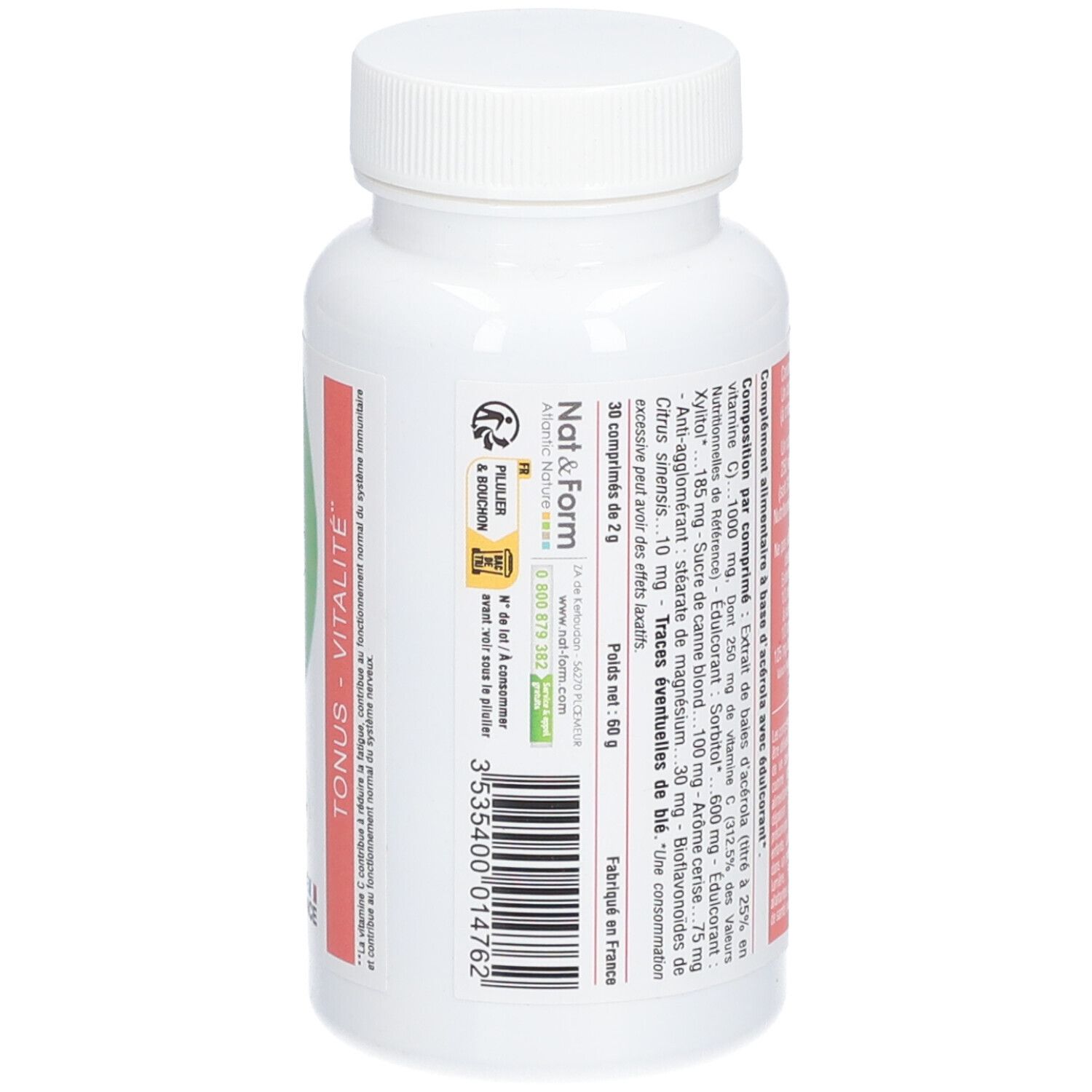 Rückseite der Flasche. Text über Inhaltsstoffe und Anwendung. Marke: Nat & Form. 90 Tabletten.