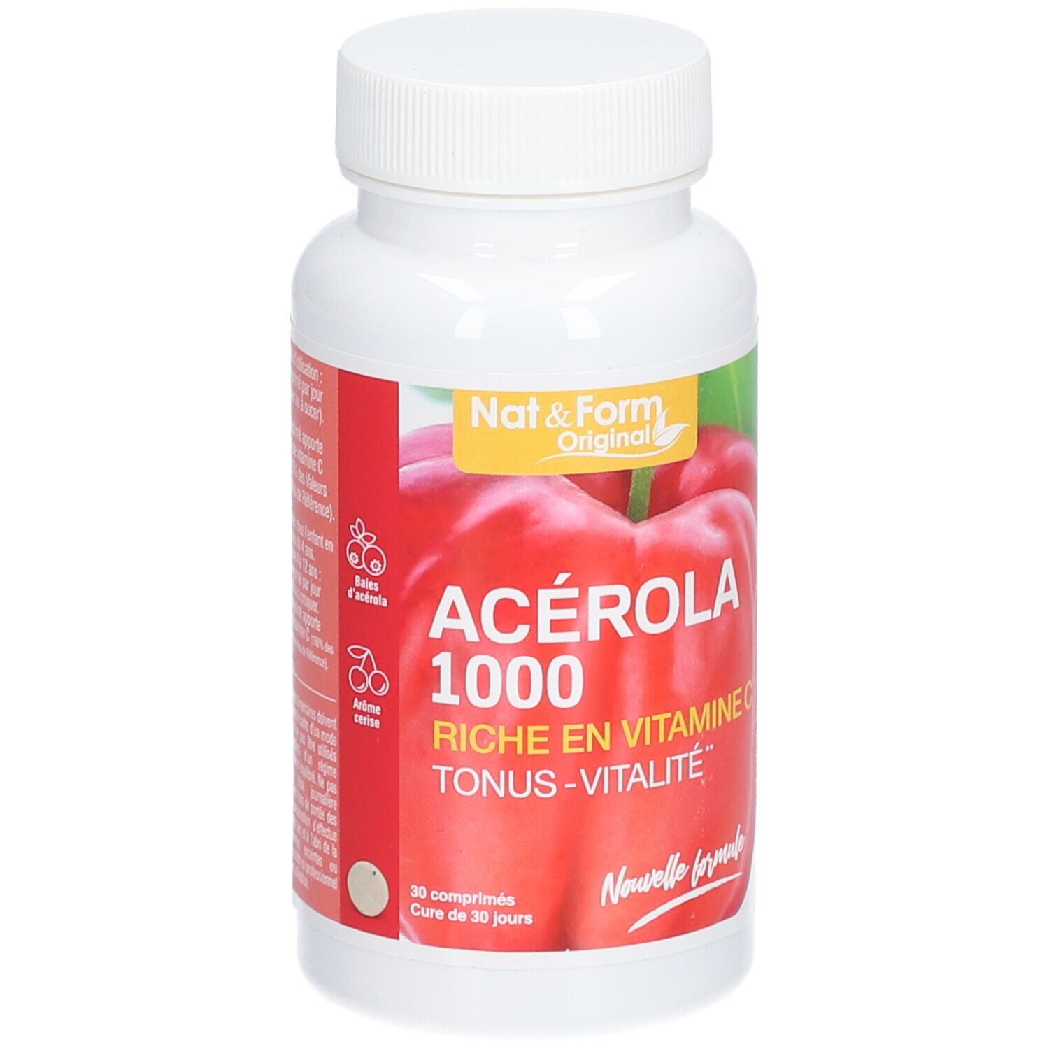 Weiße Flasche mit rotem Etikett. Aufschrift: Acérola 1000, reich an Vitamin C. Marke: Nat & Form.