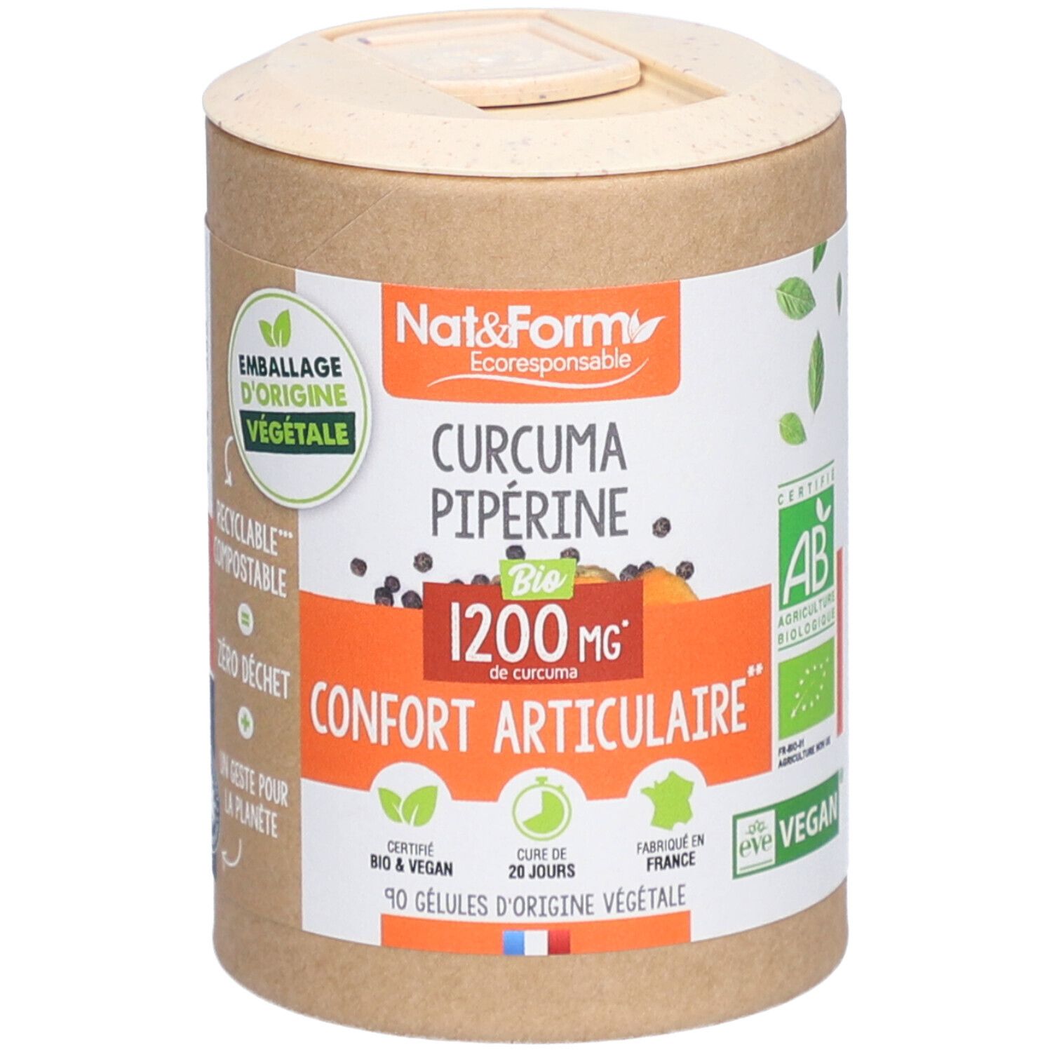 Boîte cylindrique avec impressions de produit. Contient Curcuma Pipérine Bio. Étiquette avec informations et certifications.