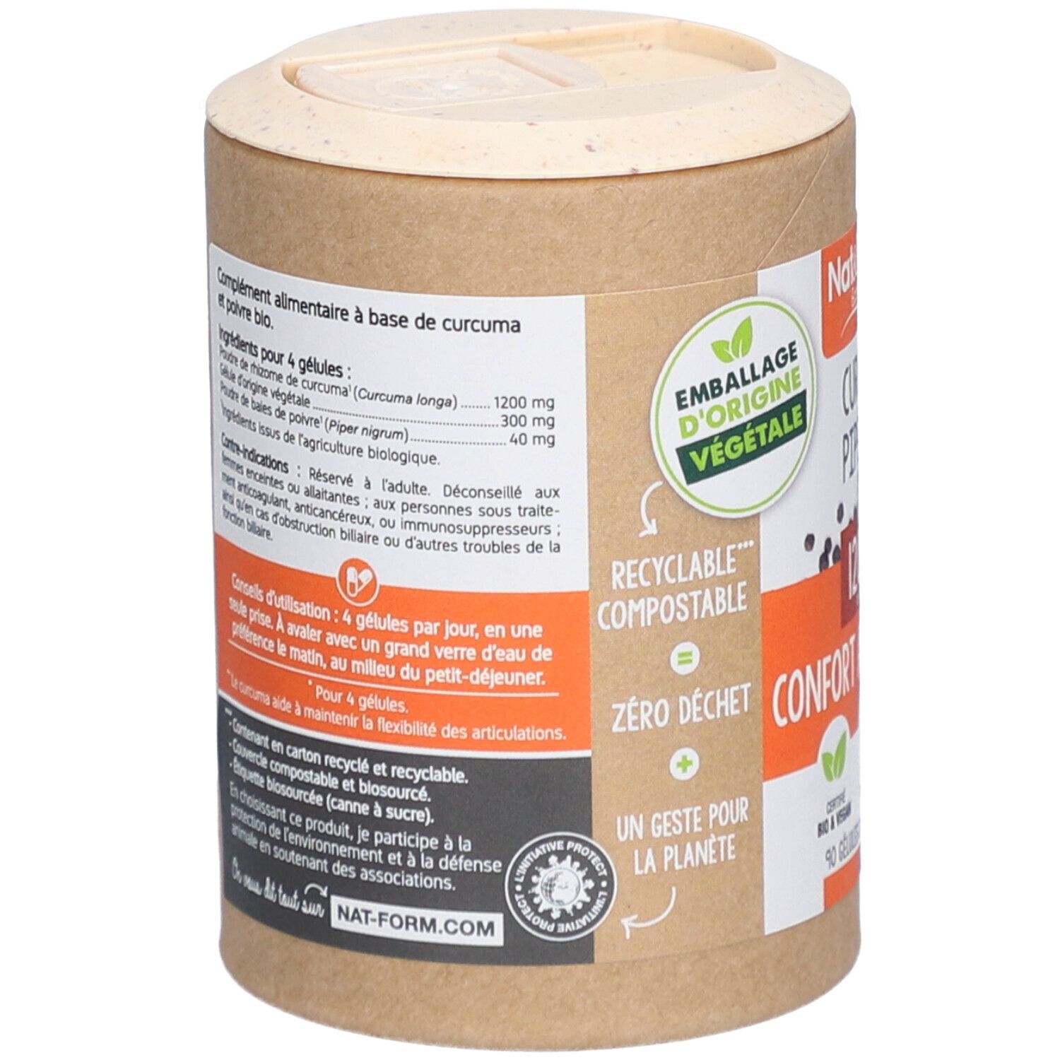Dos de la boîte cylindrique. Contient des informations sur les ingrédients, les conseils d'utilisation et les certifications.