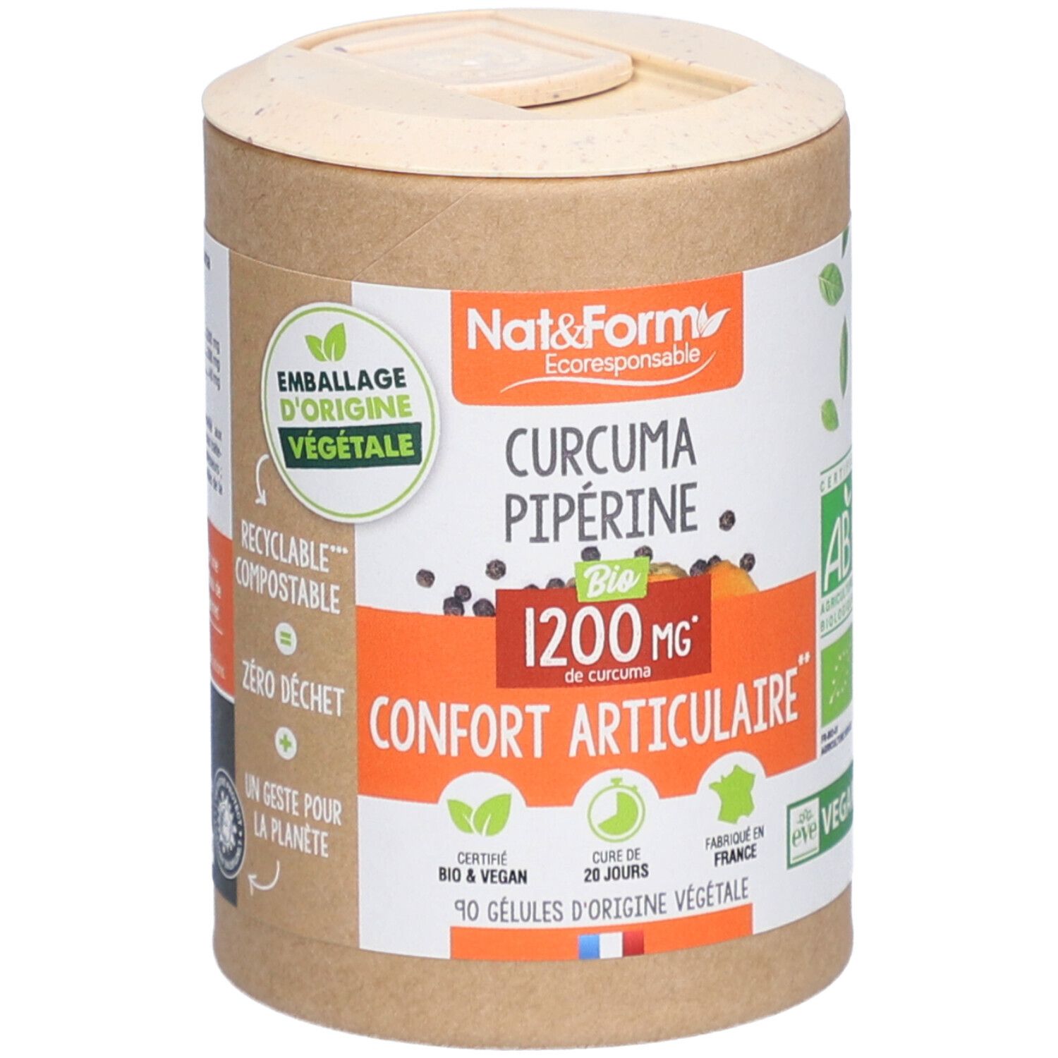 Boîte cylindrique avec impressions de produit. Contient Curcuma Pipérine Bio. Étiquette avec informations et certifications.