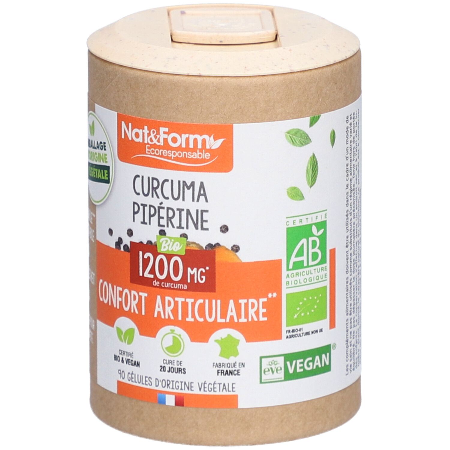 Boîte cylindrique avec impressions de produit. Contient Curcuma Pipérine Bio. Étiquette avec informations et certifications.