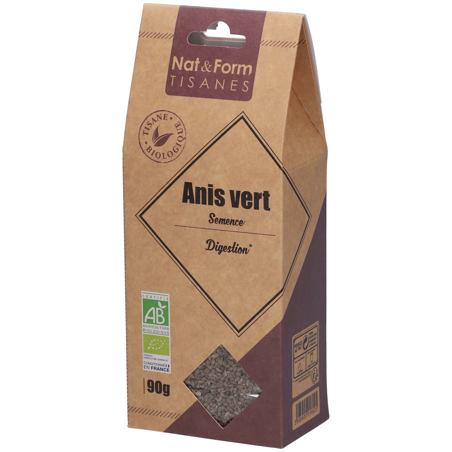 Boîte en carton marron avec Anis vert. Inscription : Tisane, Anis vert, Semence, Digestion. Label AB bio. 90g.