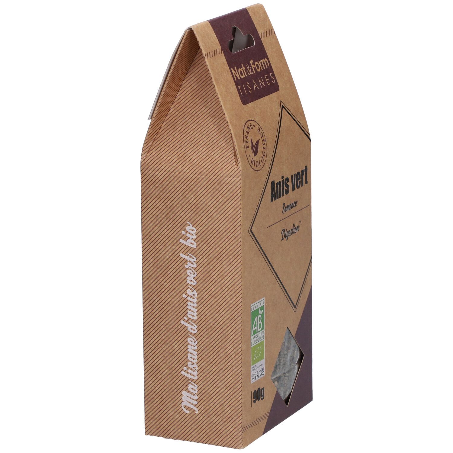 Boîte marron avec Anis vert. Inscription : Nat&Form Tisanes. Label AB bio. Texte : Ma tisane d'anis vert bio.