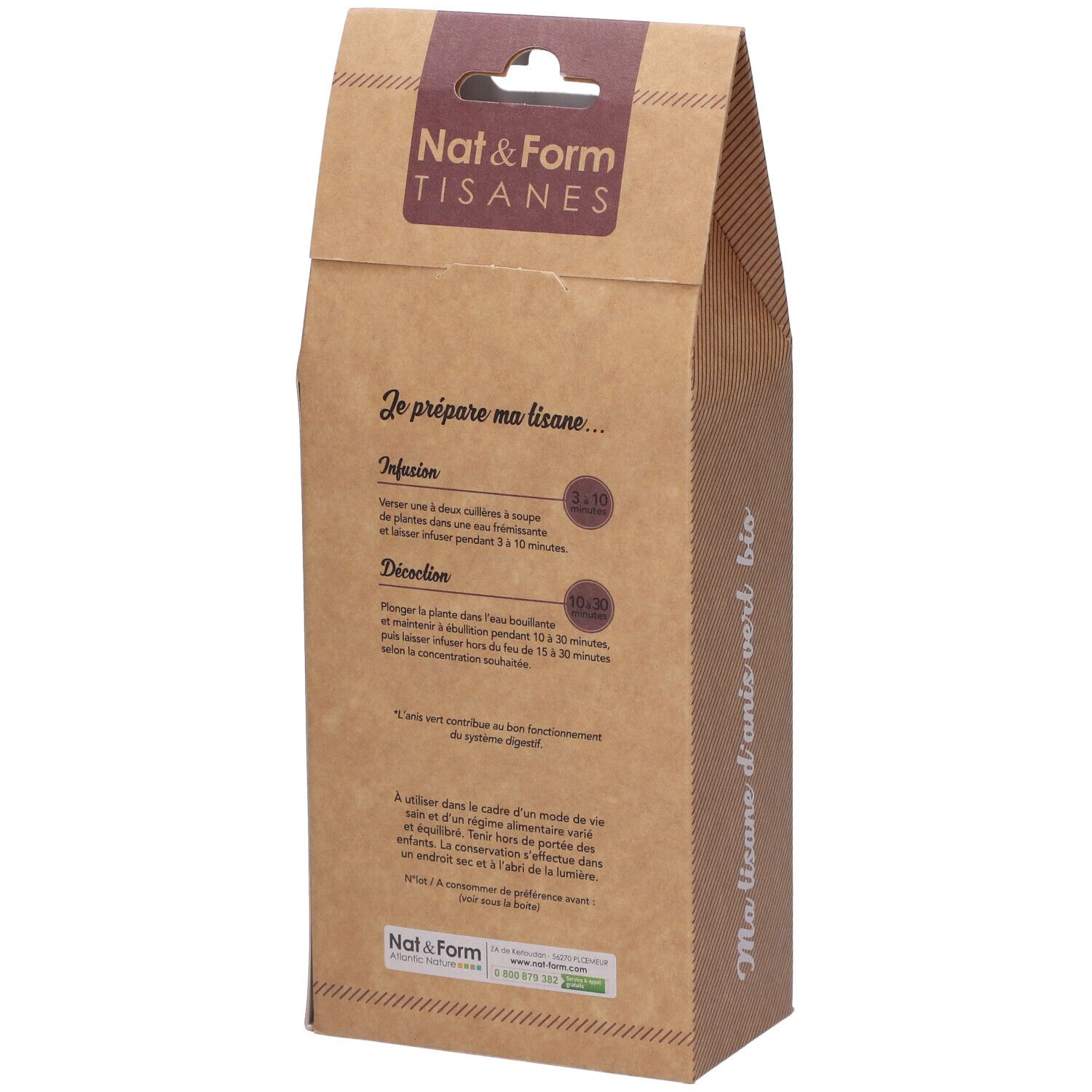 Dos de la boîte marron avec Anis vert. Texte : Je prépare ma tisane... Instructions. Texte : Ma tisane d'anis vert bio.