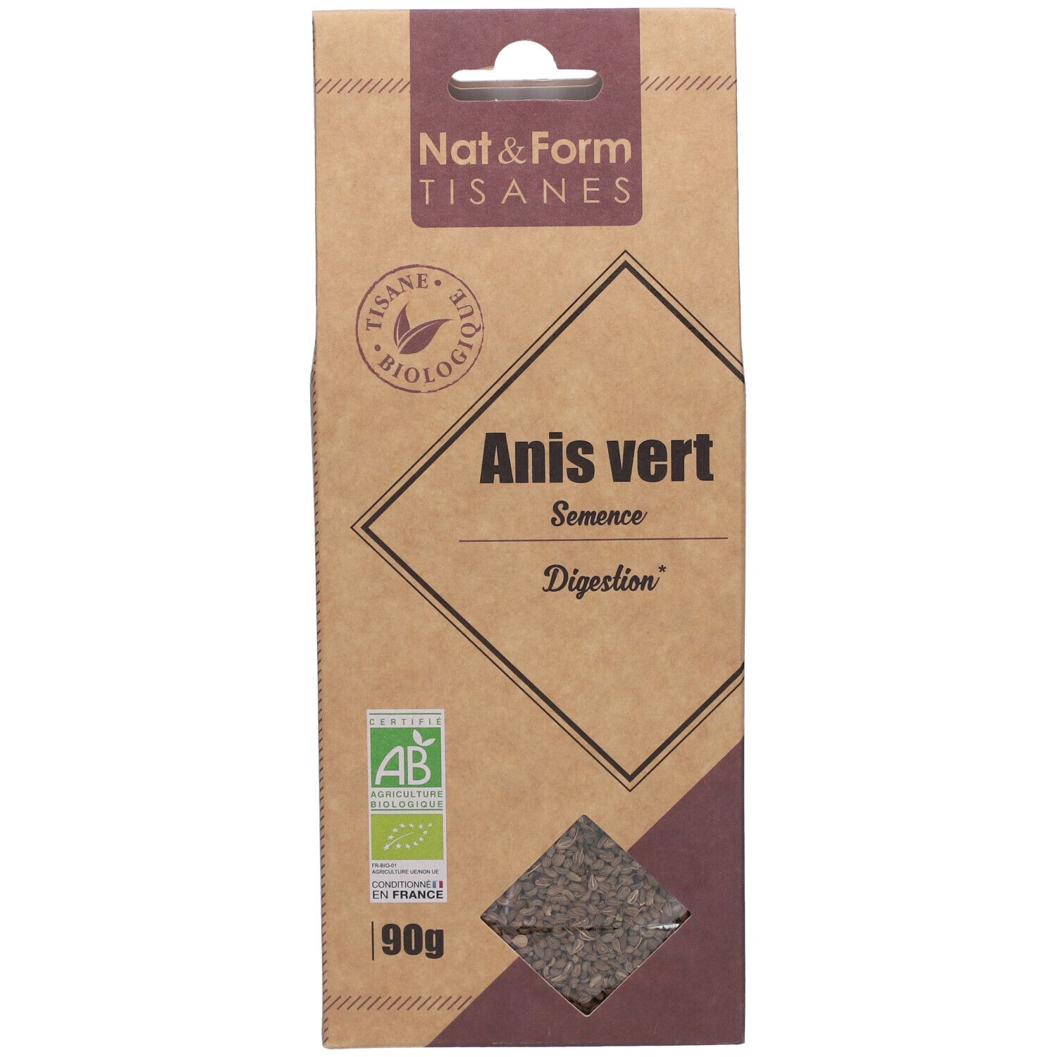 Boîte en carton marron avec Anis vert. Inscription : Tisane, Anis vert, Semence, Digestion. Label AB bio. 90g.