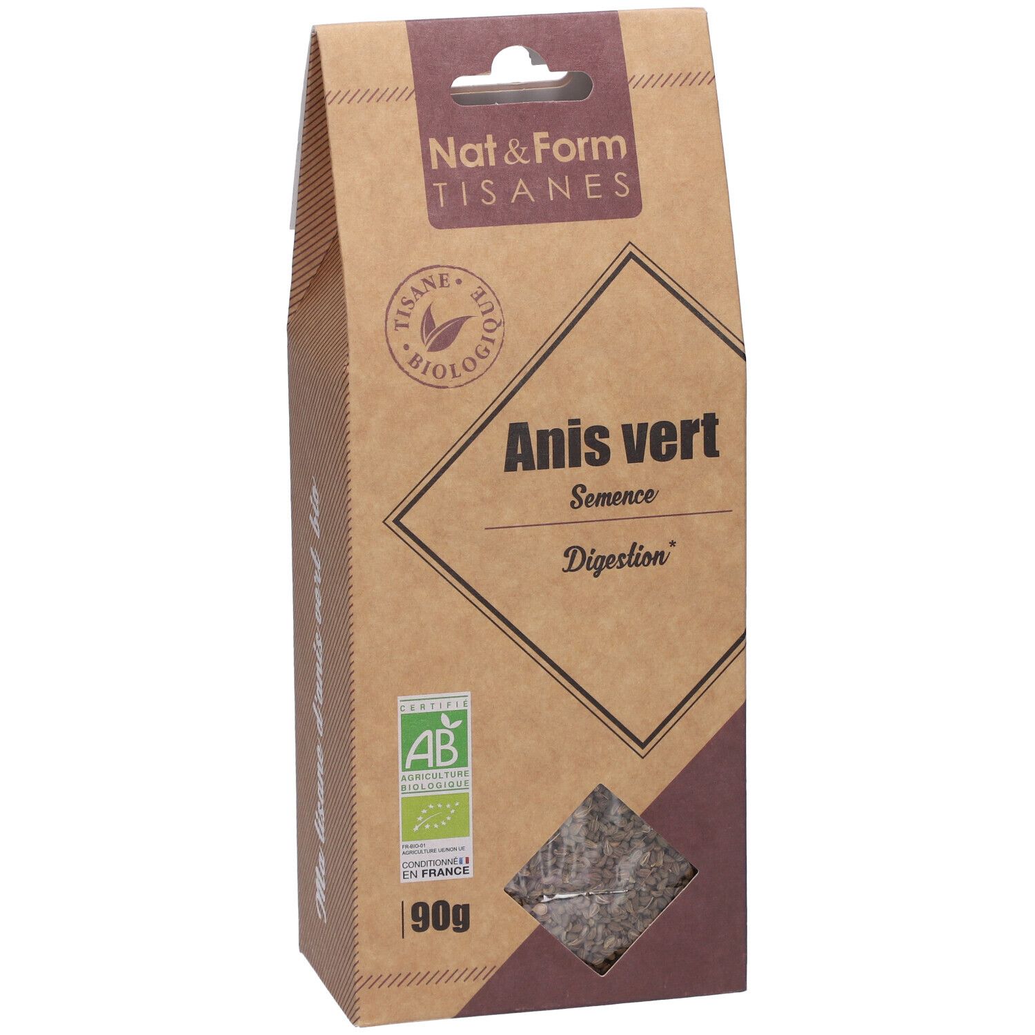 Boîte en carton marron avec Anis vert. Inscription : Tisane, Anis vert, Semence, Digestion. Label AB bio. 90g.