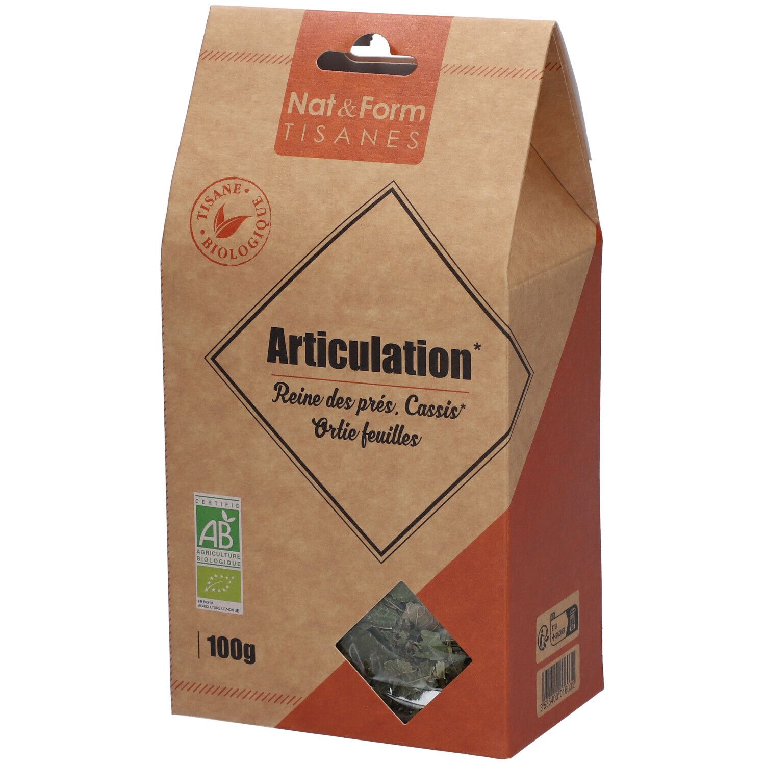 Boîte en carton marron avec impression. Texte : Artikulation, logo AB bio, 100g. Produit visible à travers une fenêtre.