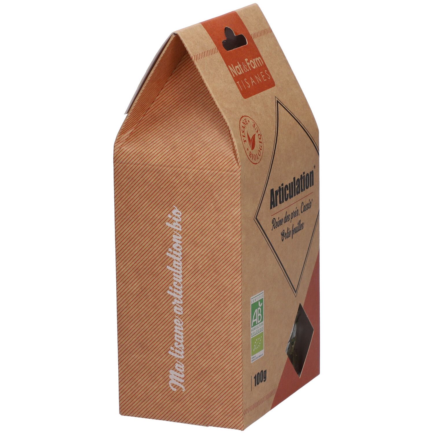 Emballage en carton, marron avec lignes diagonales. Texte : Ma tisane articulation bio. Logo AB bio et 100g.