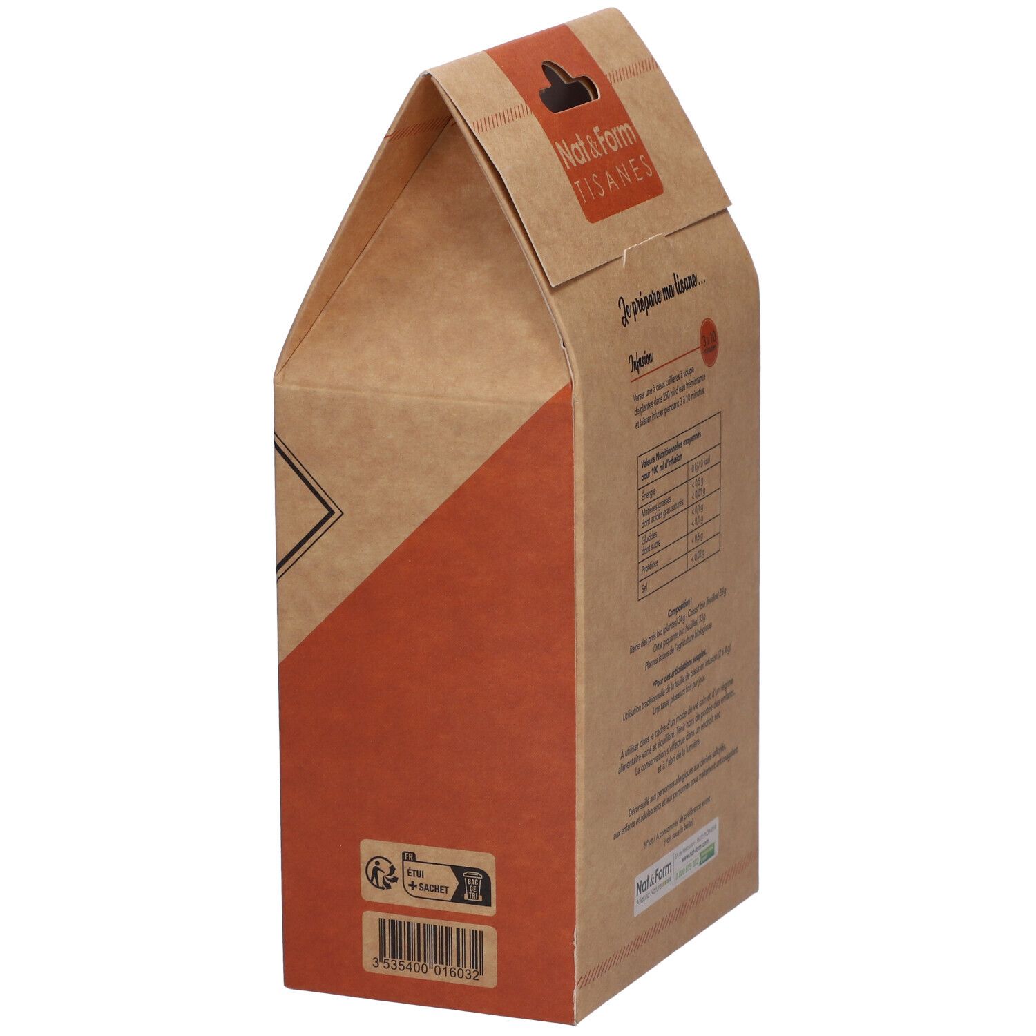 Emballage en carton, marron avec accent rouge. Texte : Infusion, informations nutritionnelles, logo Nat&Form, logo de recyclage.